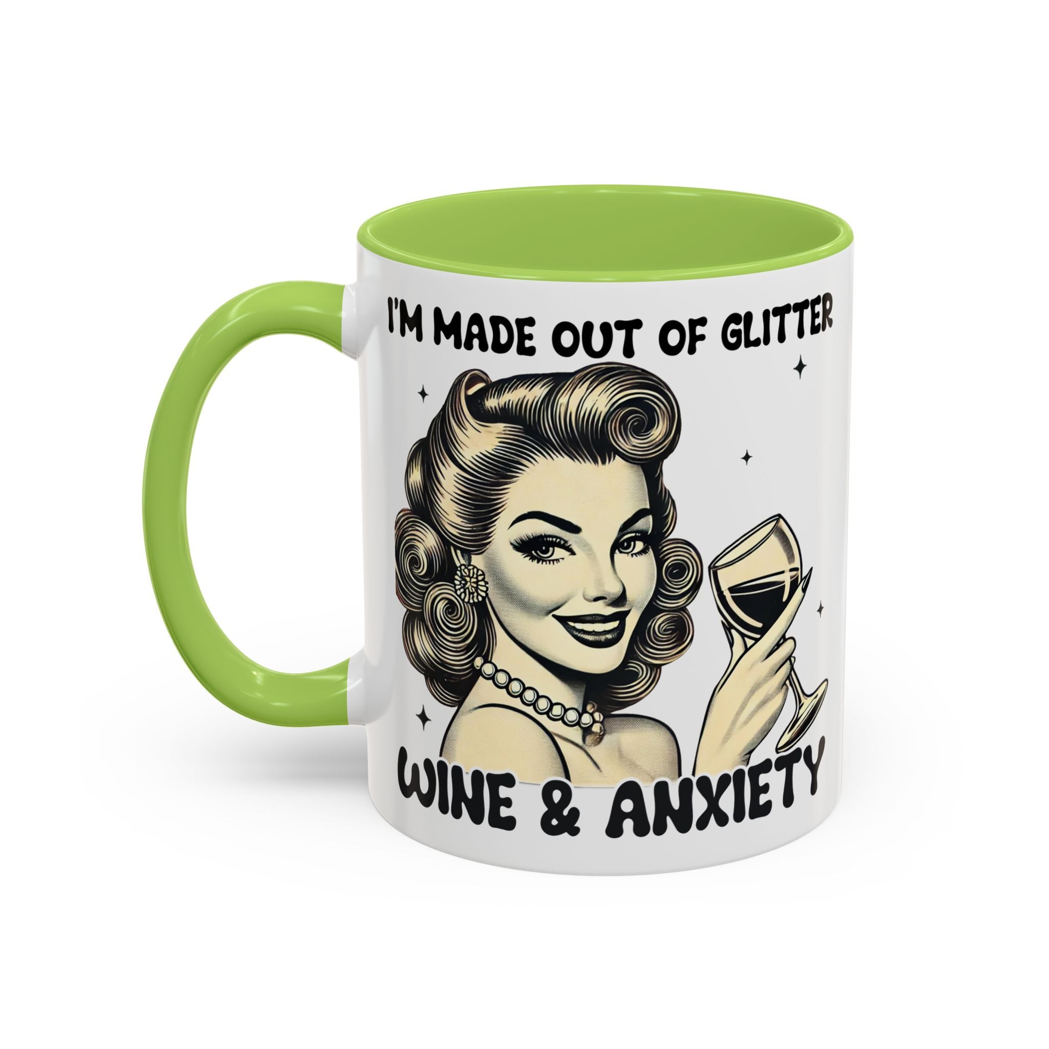 Wine & Anxiety Coffee Mug — "I'm Made Out of Glitter, Wine & Anxiety" Retro Accent Mug