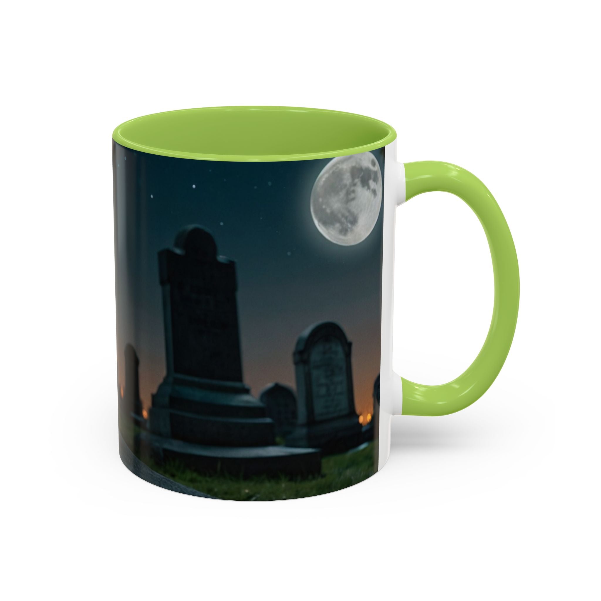 Spooky Black Cat Accent Coffee Mug in graveyard at night with full moon halloween