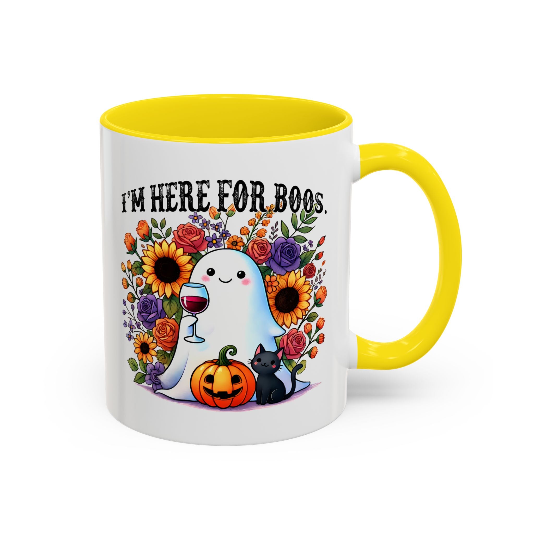 Spooky Floral Coffee Mug - I'm Here for Boos, Halloween Gift, Autumn Decor, Cute Ghost Mug, Cat Lover Drinkware