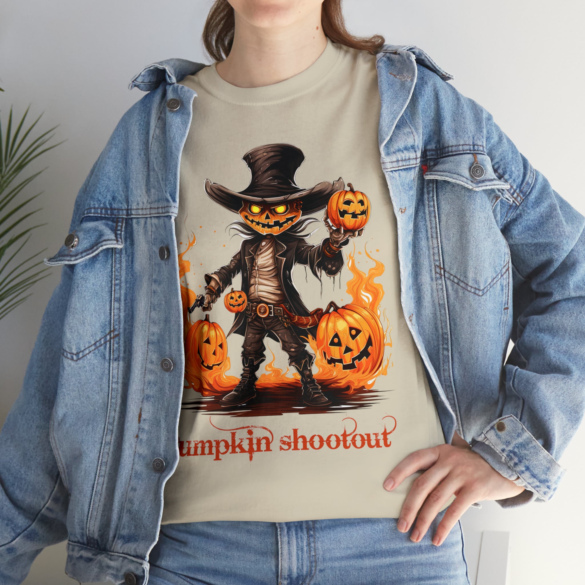 Halloween t shirt pumpkin western style shootout funny fall fun scary stocking stuffer for whole family  cotton tee