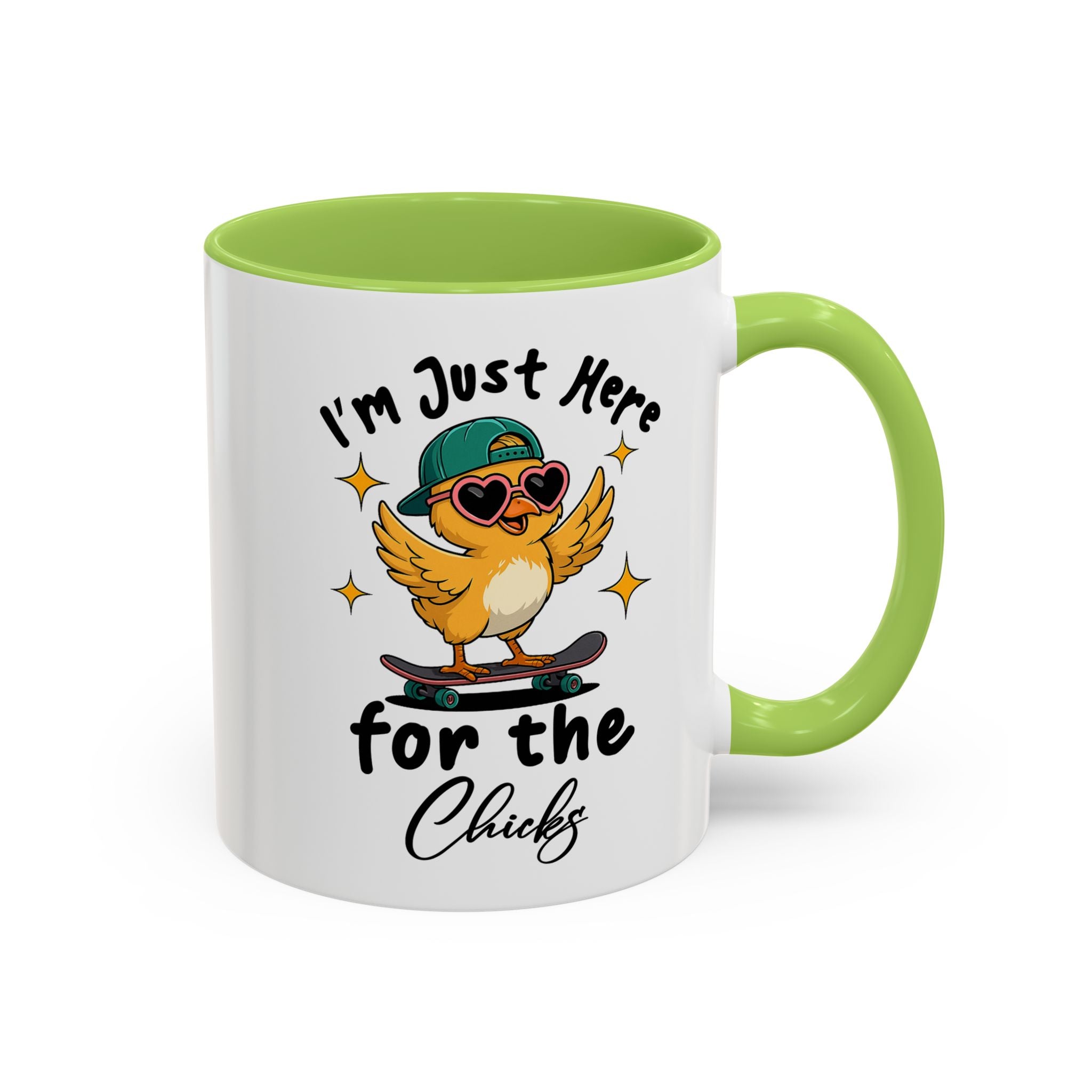 I'm Just Here for the Chicks Coffee Mug — Cute Skateboarding Chick Accent Mug