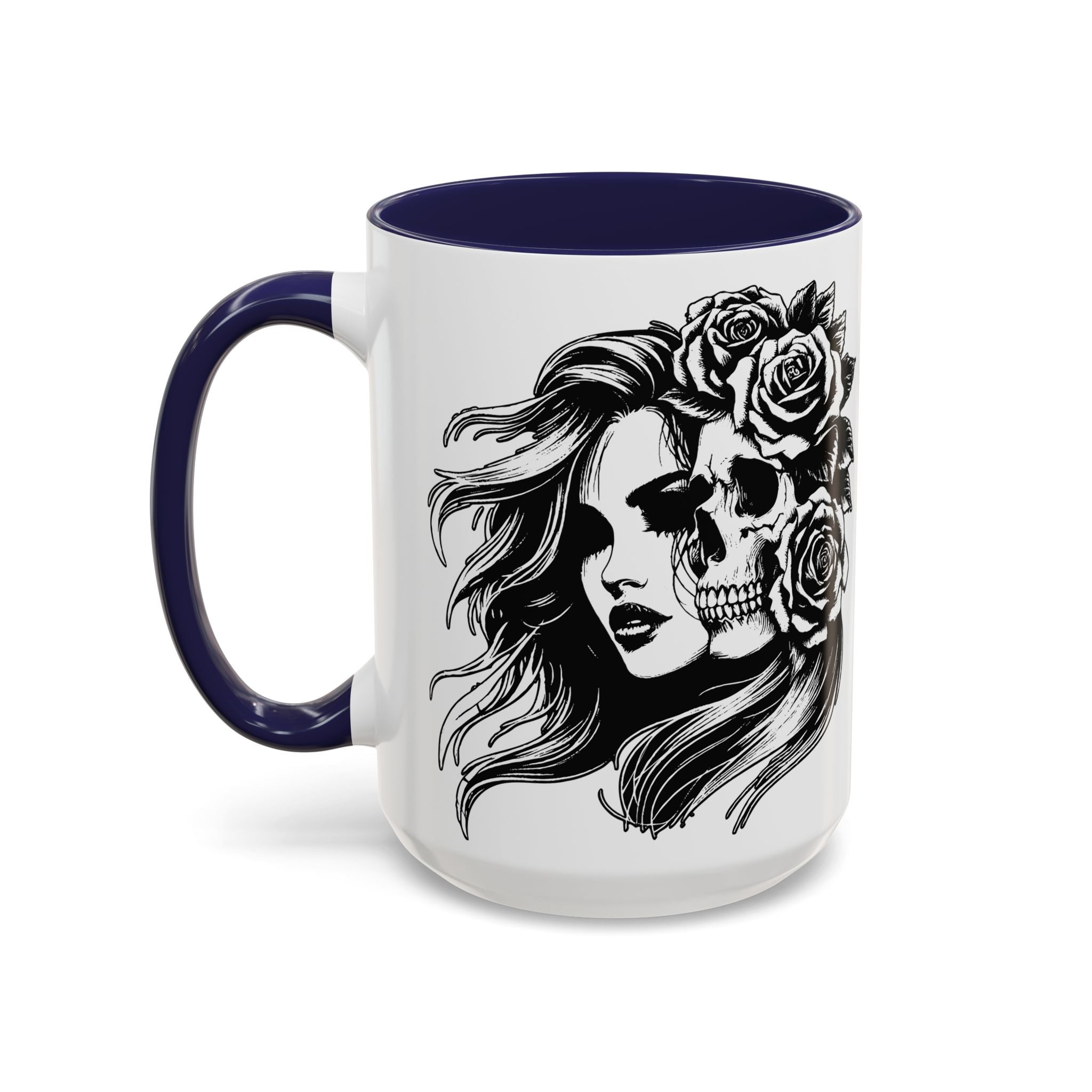 Skull & Rose Accent Coffee Mug — Gothic Half-Skull Woman 11/15oz
