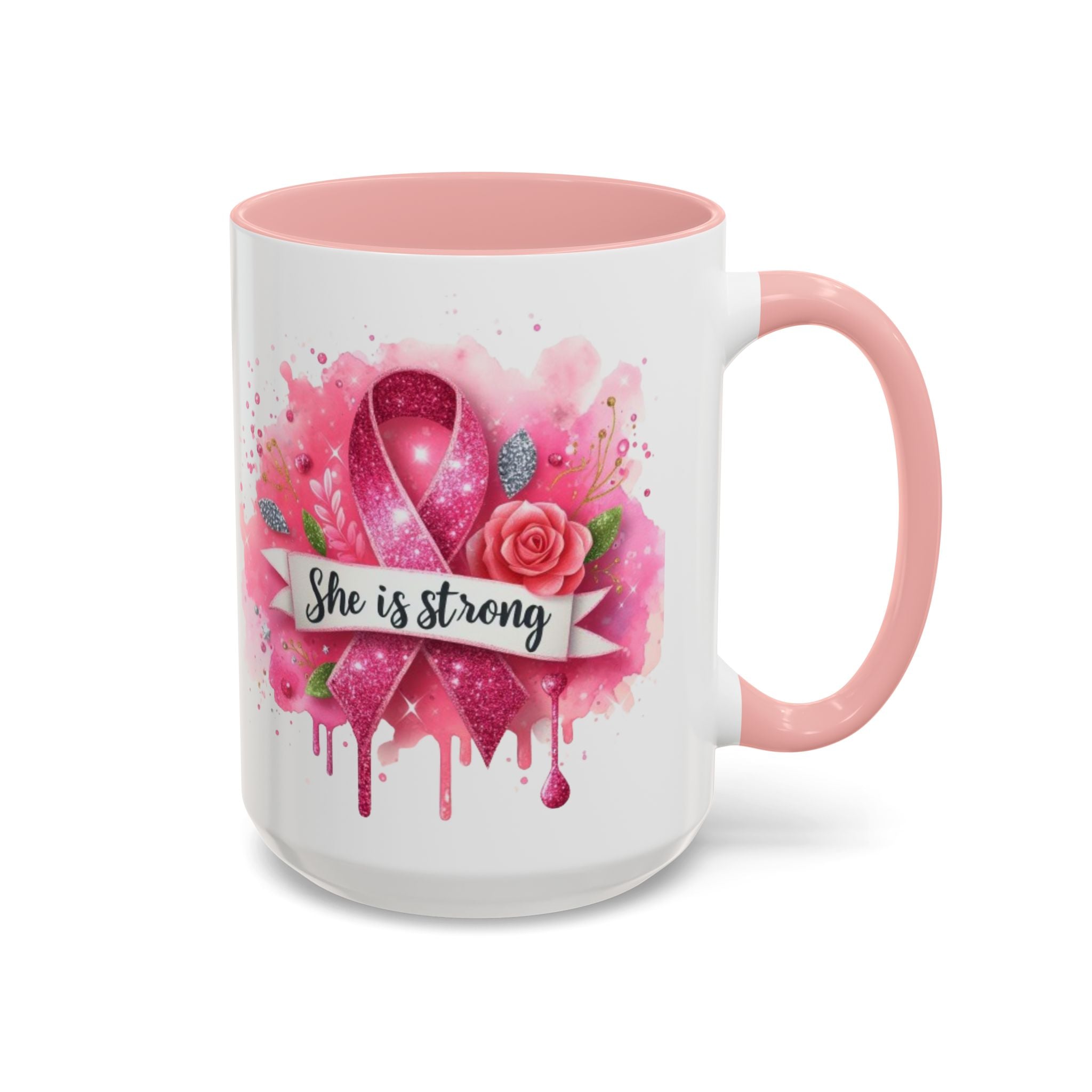 Empowering Pink Ribbon Coffee Mug - She Is Strong, Inspirational Gift for Breast Cancer Awareness, Motivational Drinkware, Supportive [...]