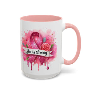 Empowering Pink Ribbon Coffee Mug - She Is Strong, Inspirational Gift for Breast Cancer Awareness, Motivational Drinkware, Supportive [...]