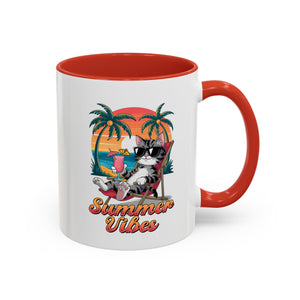Summer Vibes Coffee Mug, Tropical Cat Mug, Beach Lover Gift, Fun Animal Sipware, Vacation-themed Drinkware, Pet Lover Cup