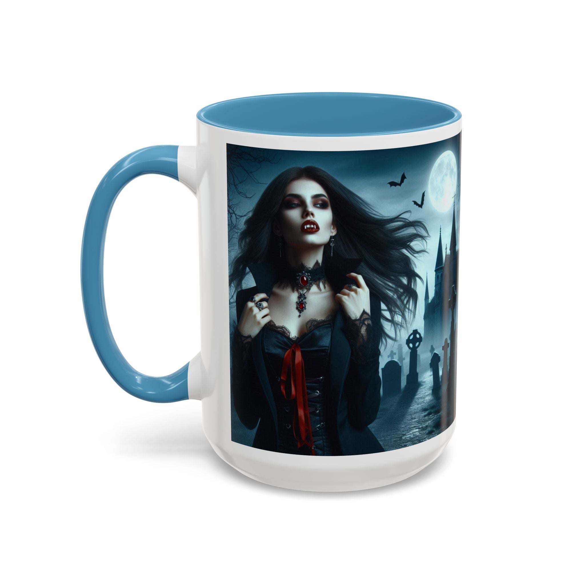 Gothic Vampire Coffee Mug - Spooky Halloween Drinkware in graveyard by castle