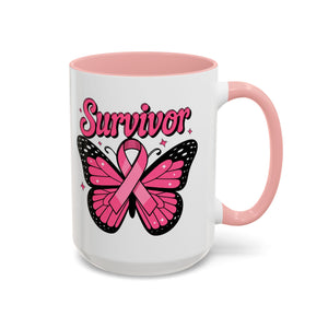 Survivor Butterfly Coffee Mug, Inspirational Gift, Pink Ribbon Mug, Breast Cancer Awareness, Empowerment Cup, Motivational Drinkware