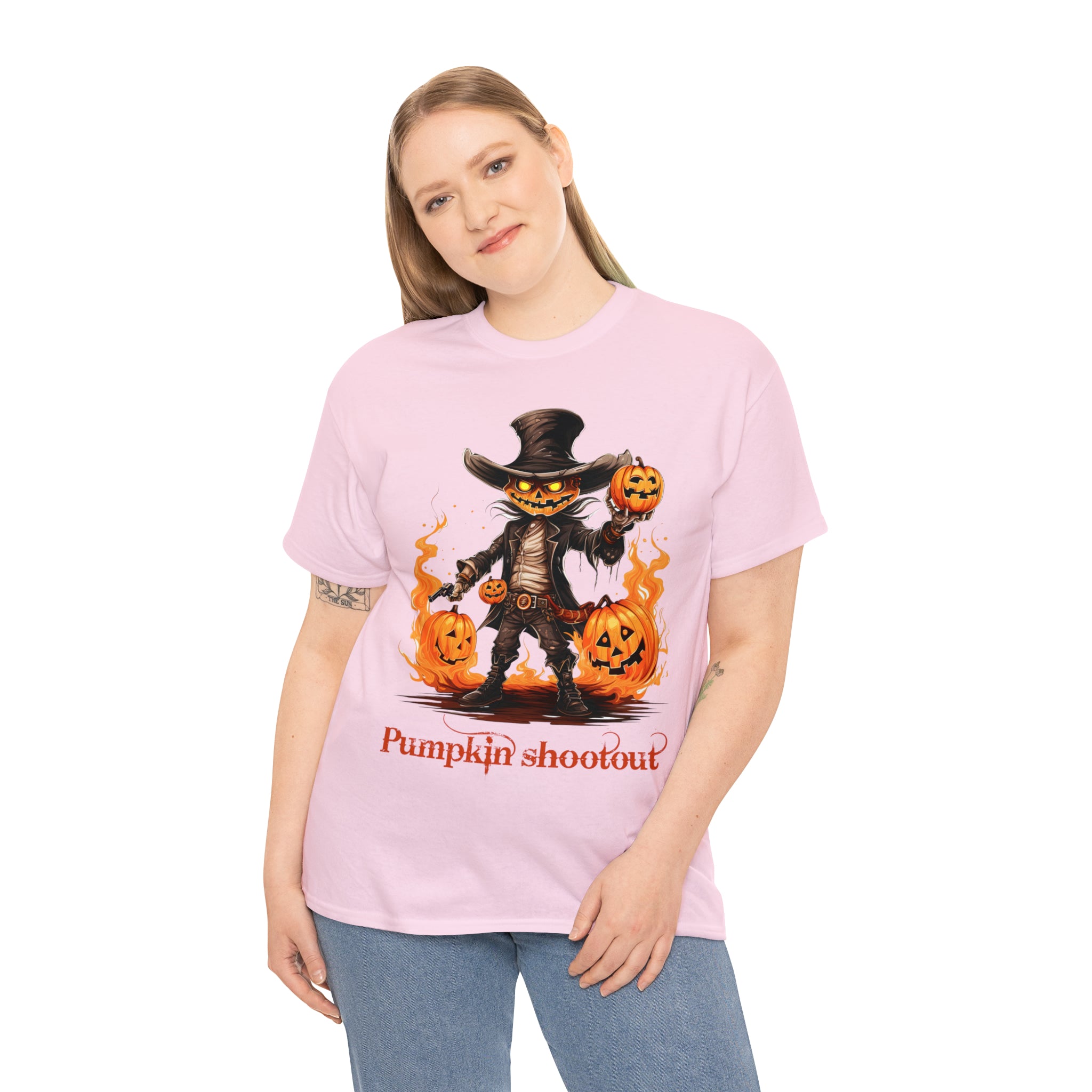 Halloween t shirt pumpkin western style shootout funny fall fun scary stocking stuffer for whole family  cotton tee