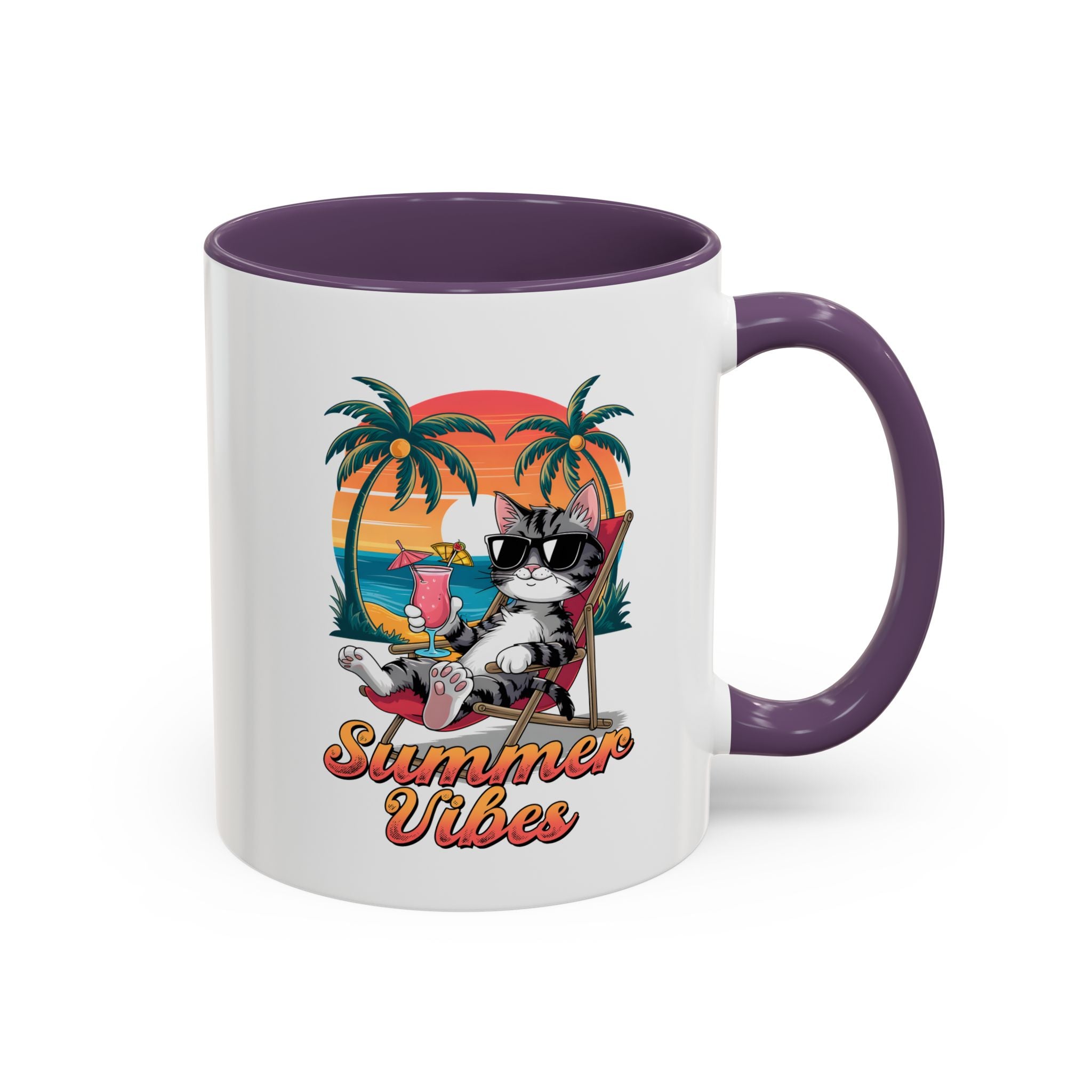 Summer Vibes Coffee Mug, Tropical Cat Mug, Beach Lover Gift, Fun Animal Sipware, Vacation-themed Drinkware, Pet Lover Cup