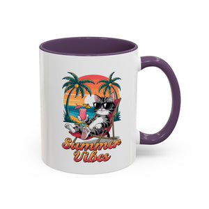 Summer Vibes Coffee Mug, Tropical Cat Mug, Beach Lover Gift, Fun Animal Sipware, Vacation-themed Drinkware, Pet Lover Cup