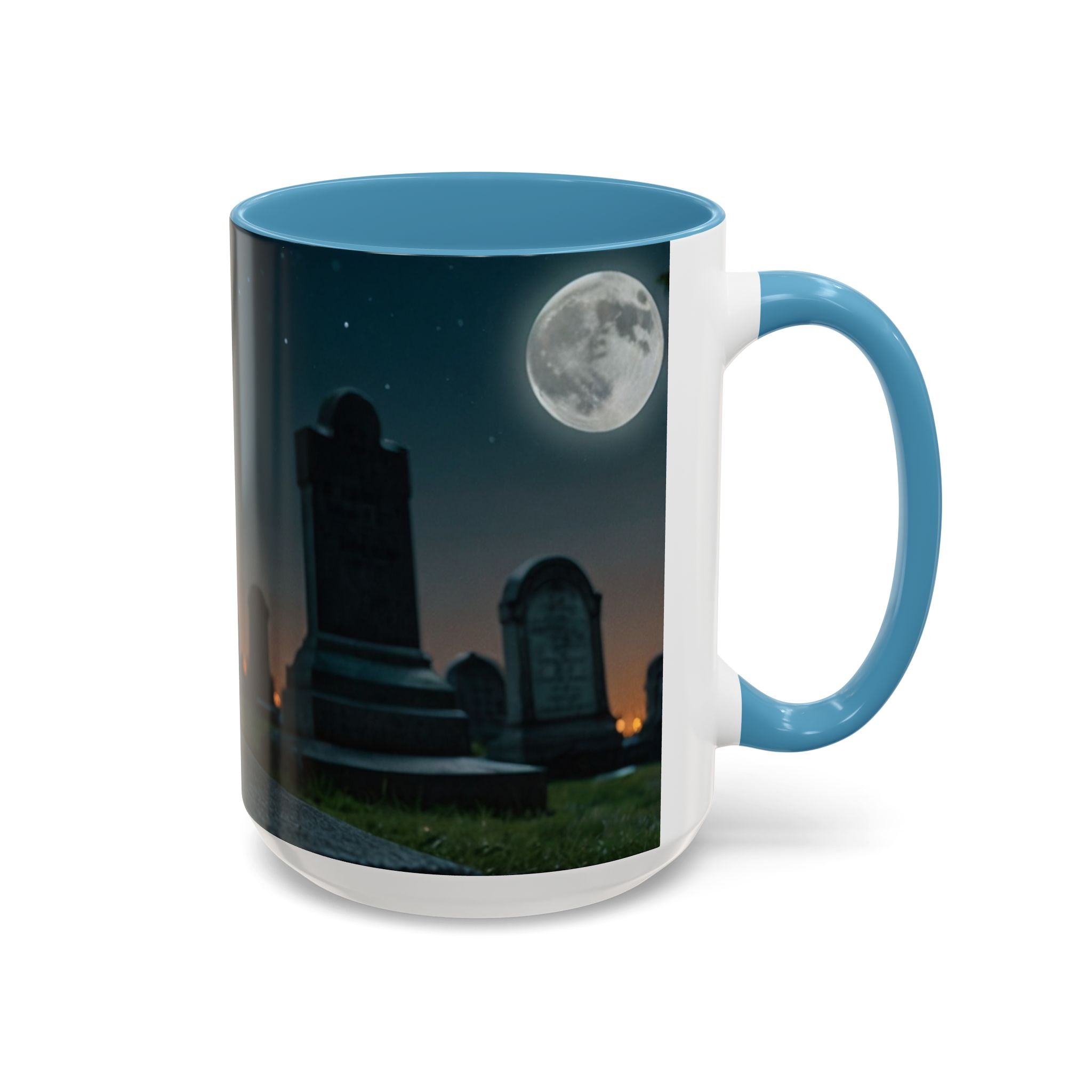 Spooky Black Cat Accent Coffee Mug in graveyard at night with full moon halloween
