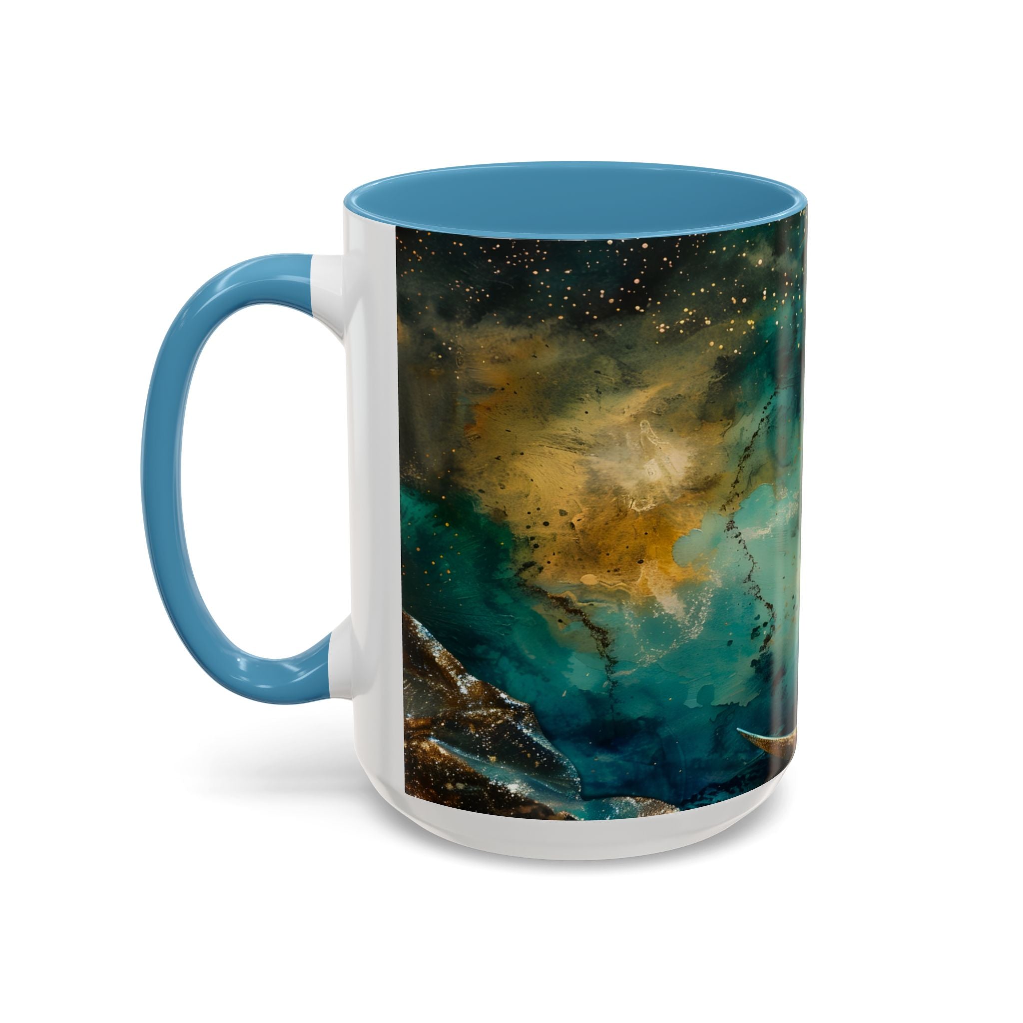 Fairy on the Moon Accent Coffee Mug – Mystical Teal Celestial Ceramic Mug (11/15oz) fantasy