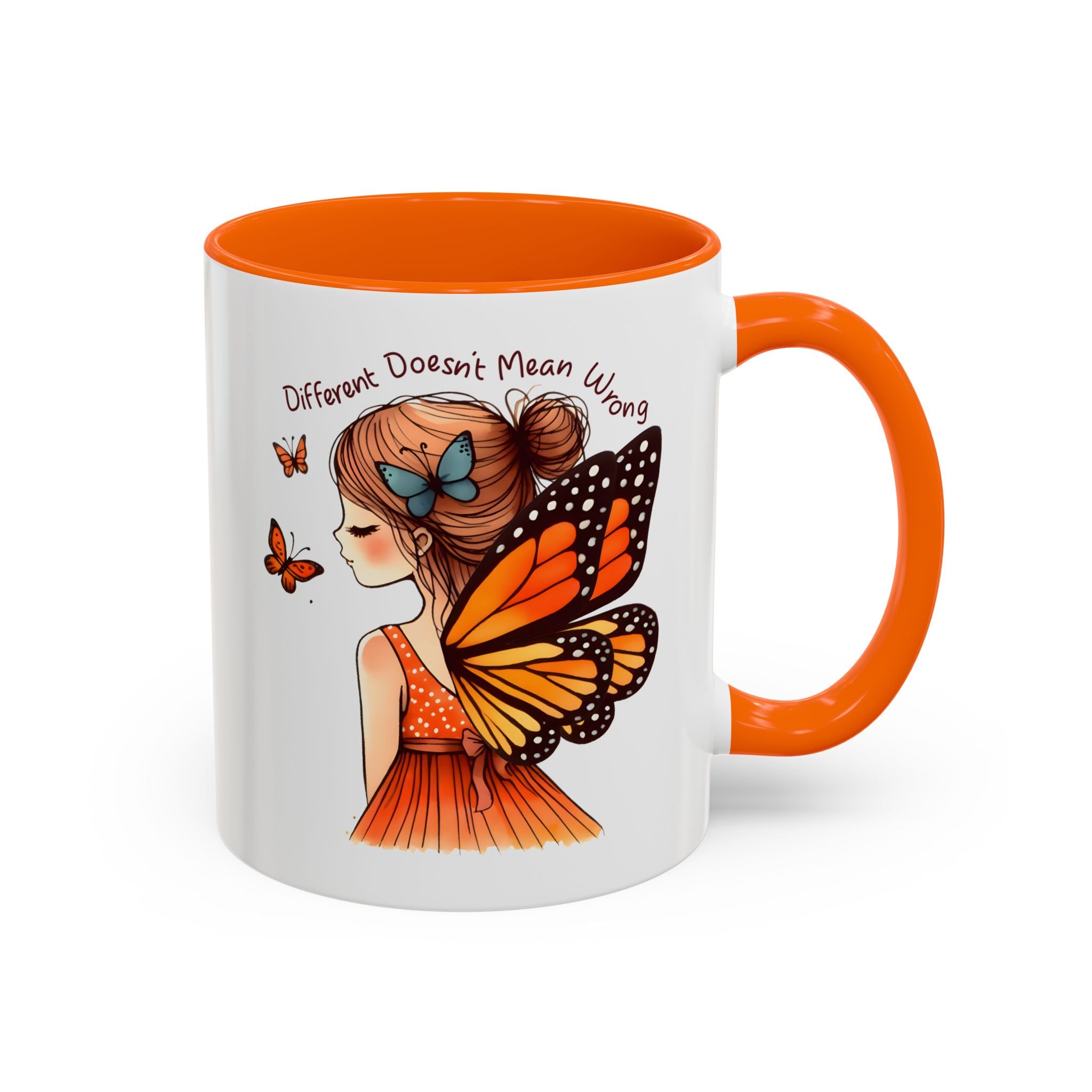 Butterfly Girl Accent Coffee Mug – "Different Doesn't Mean Wrong" Inspirational Tea Mug