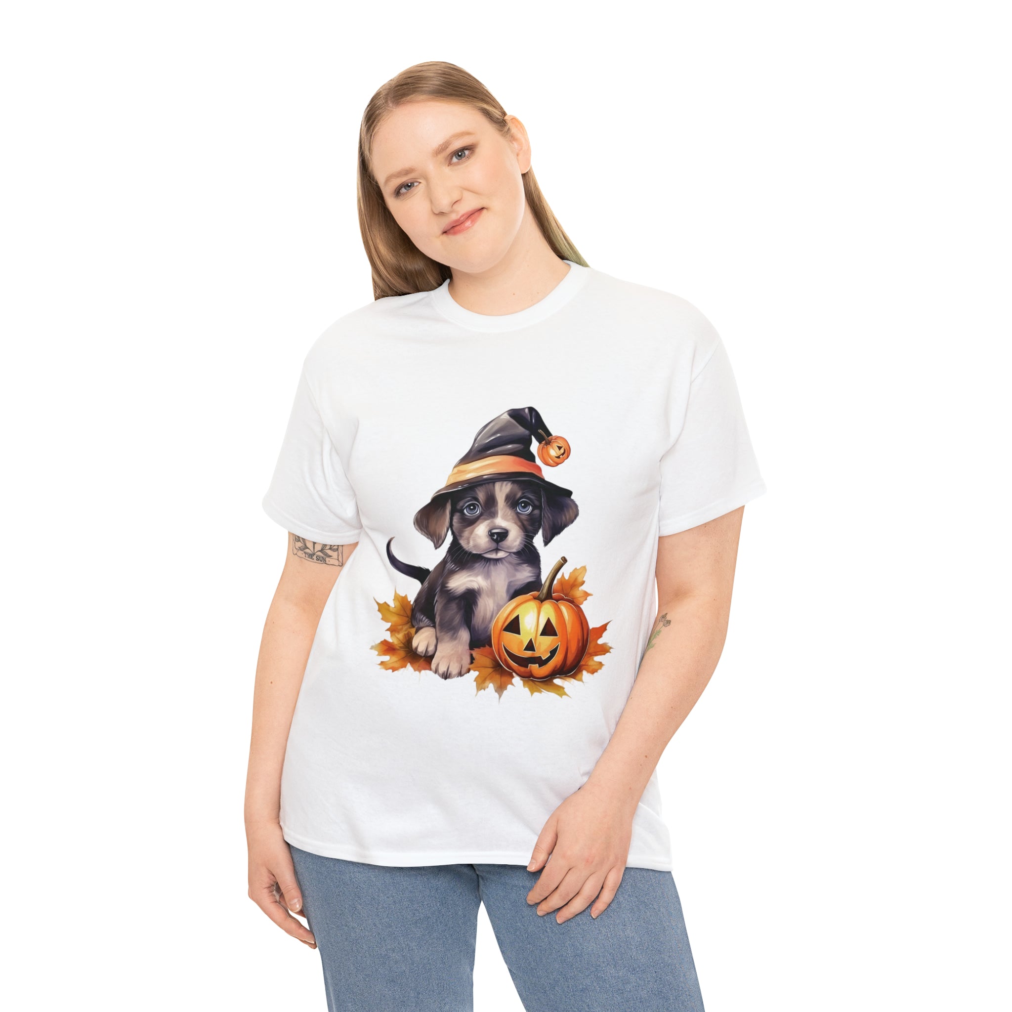 halloween t shirt puppy in witch hat cute gift for her stocking stuffer fall fun item for whole family Unisex Heavy Cotton Tee