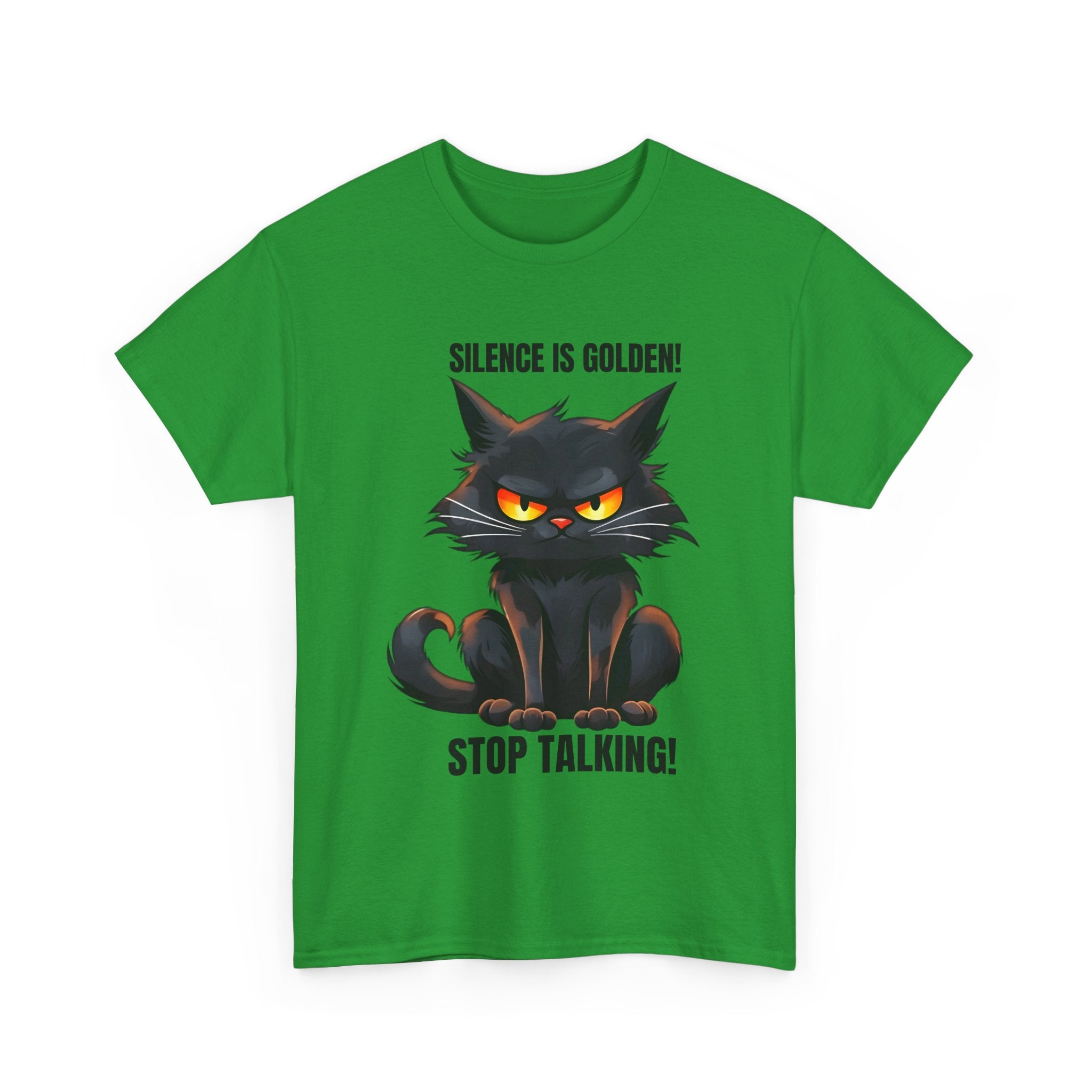 sarcasm Funny Cat Tee - "Silence is Golden! Stop Talking!" - Cute Cat Graphic T-Shirt, Gift for Cat Lovers,  Humor Shirt, Pet Owner Apparel
