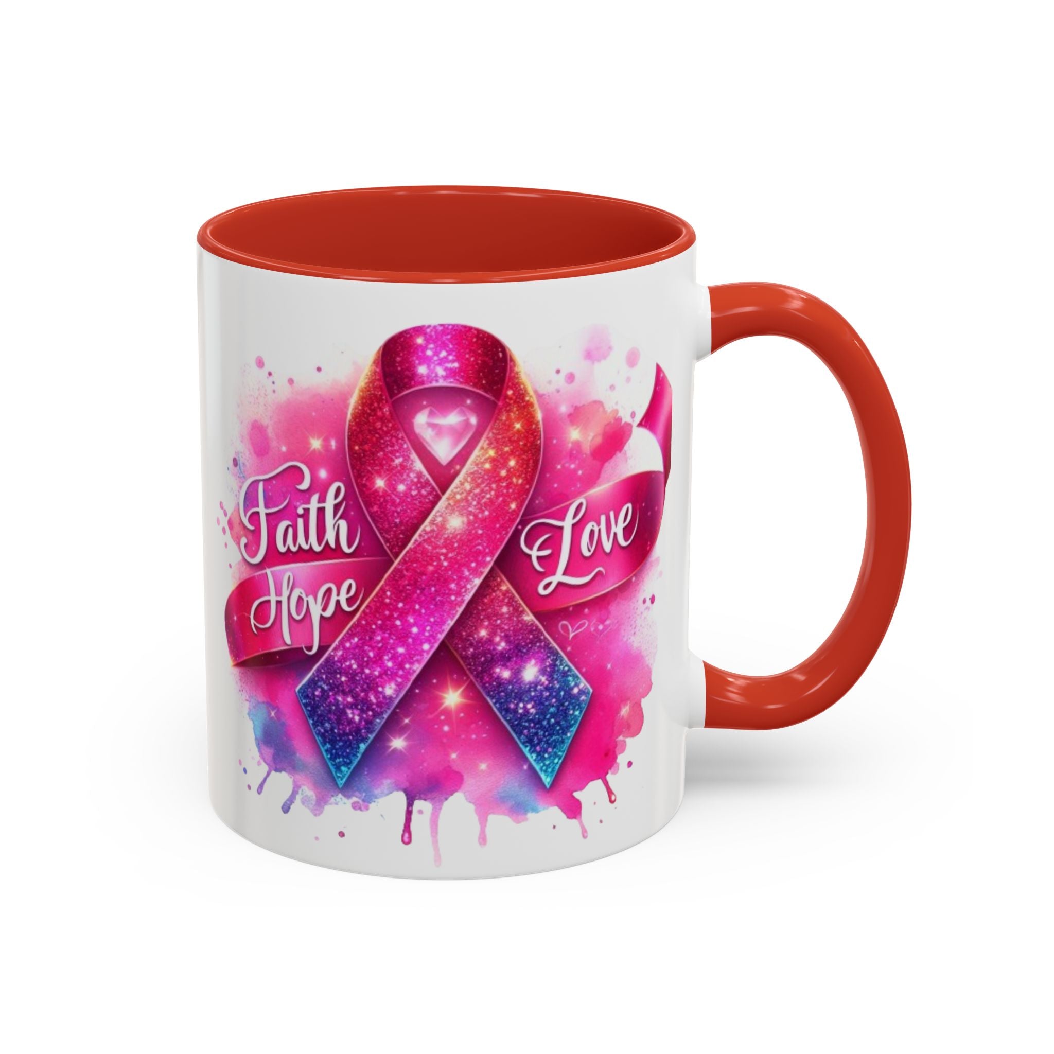 Inspirational Ribbon Coffee Mug - Faith, Hope, Love, Support, Gift for Cancer Awareness, Breast Cancer, Encouragement, Motivational