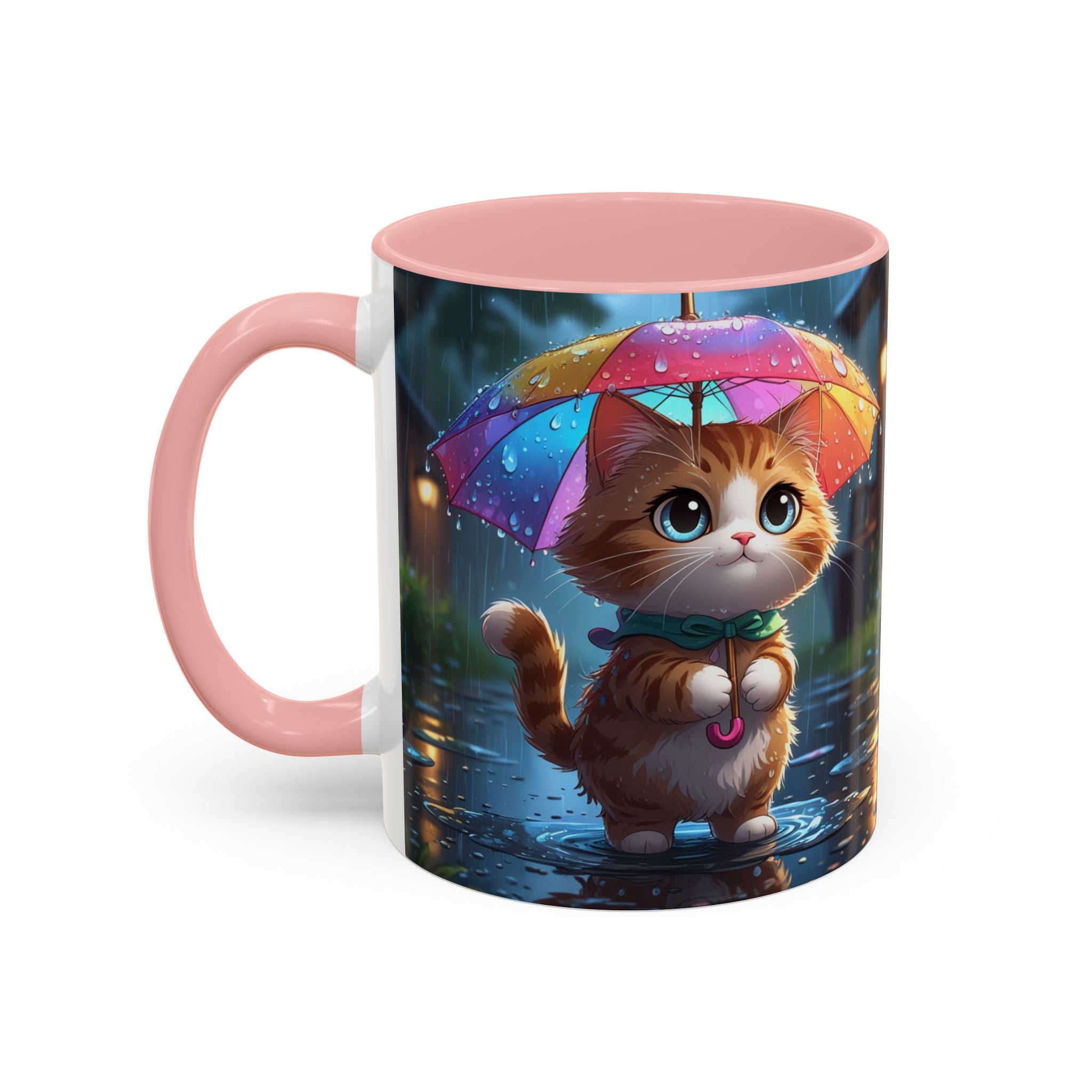 Cute Rainy Day Cat Mug — Kawaii Kitten with Rainbow Umbrella Coffee Cup (11/15oz)