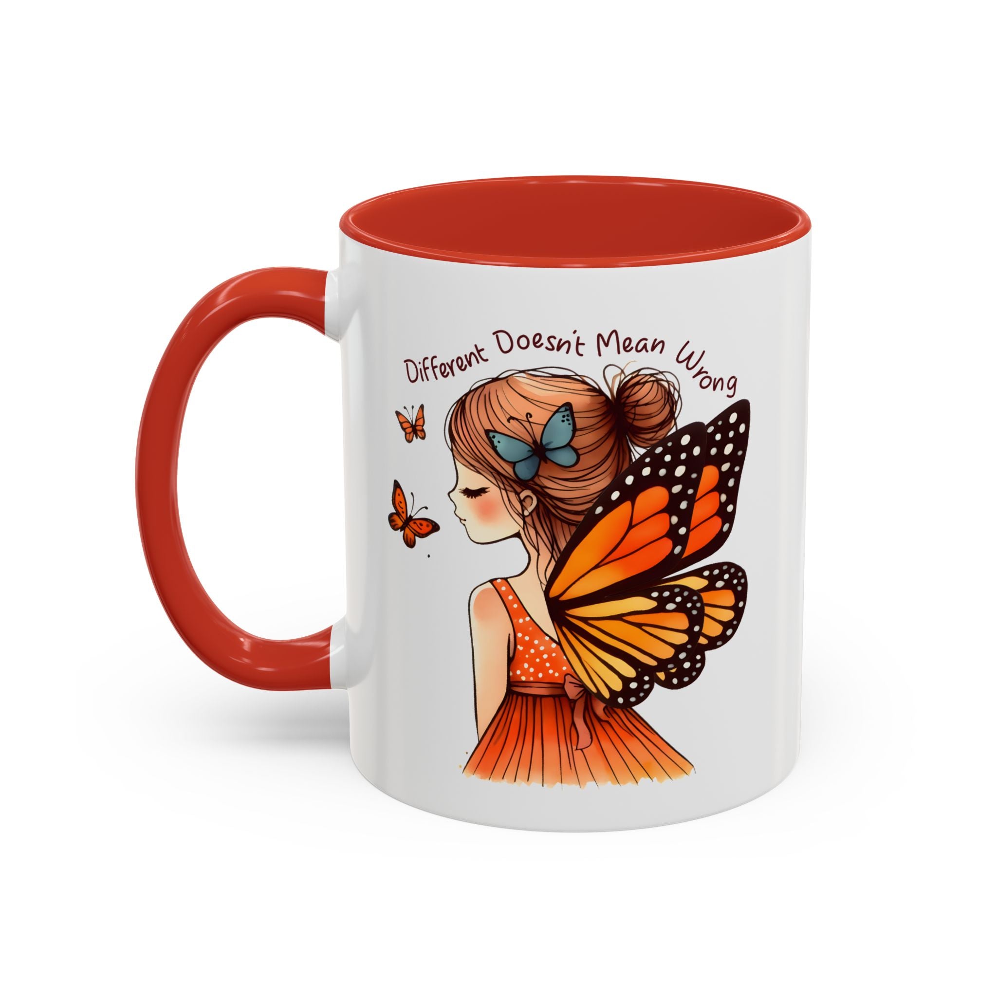 Butterfly Girl Accent Coffee Mug – "Different Doesn't Mean Wrong" Inspirational Tea Mug