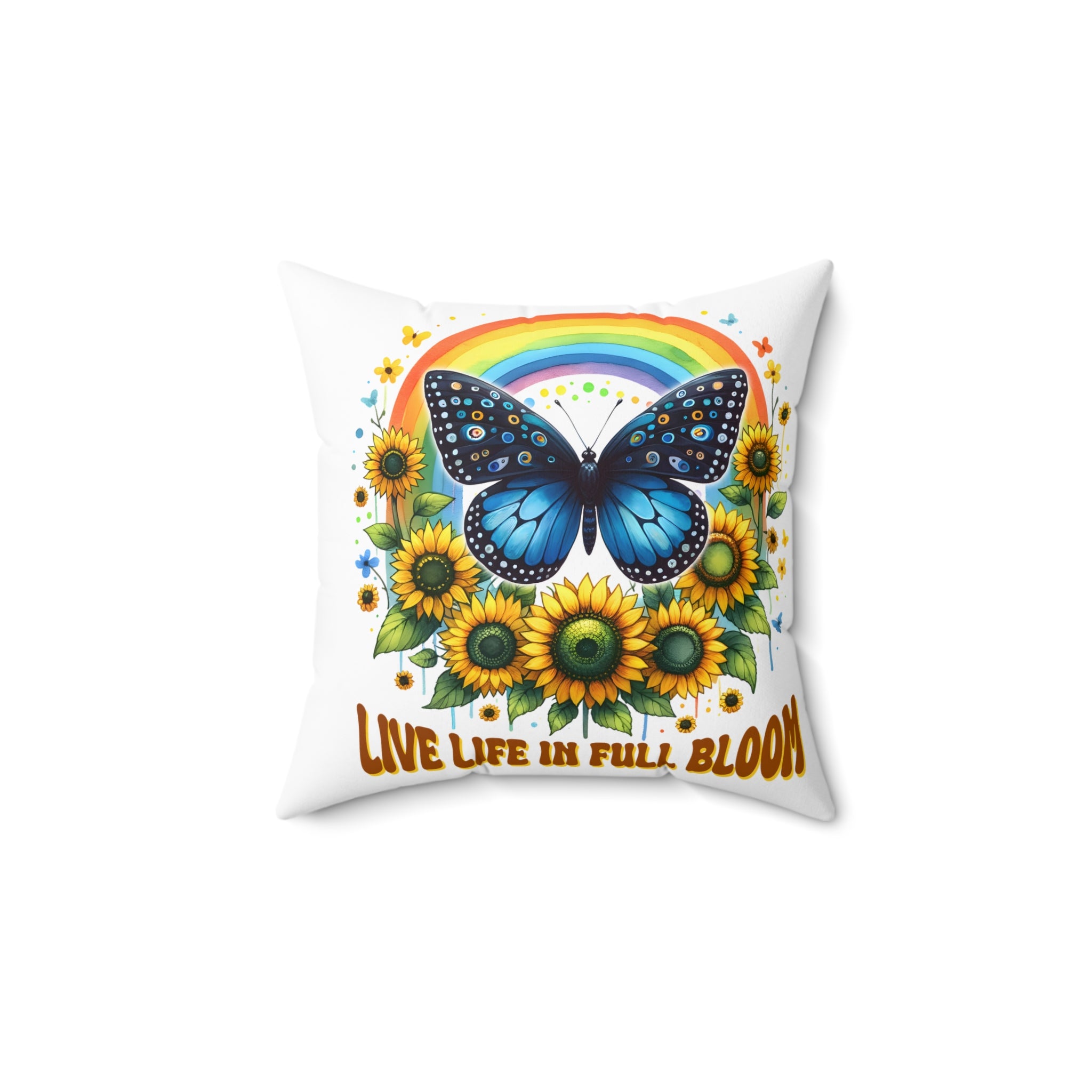 Butterfly & Sunflower Throw Pillow — "Live Life in Full Bloom" Decorative Cushion
