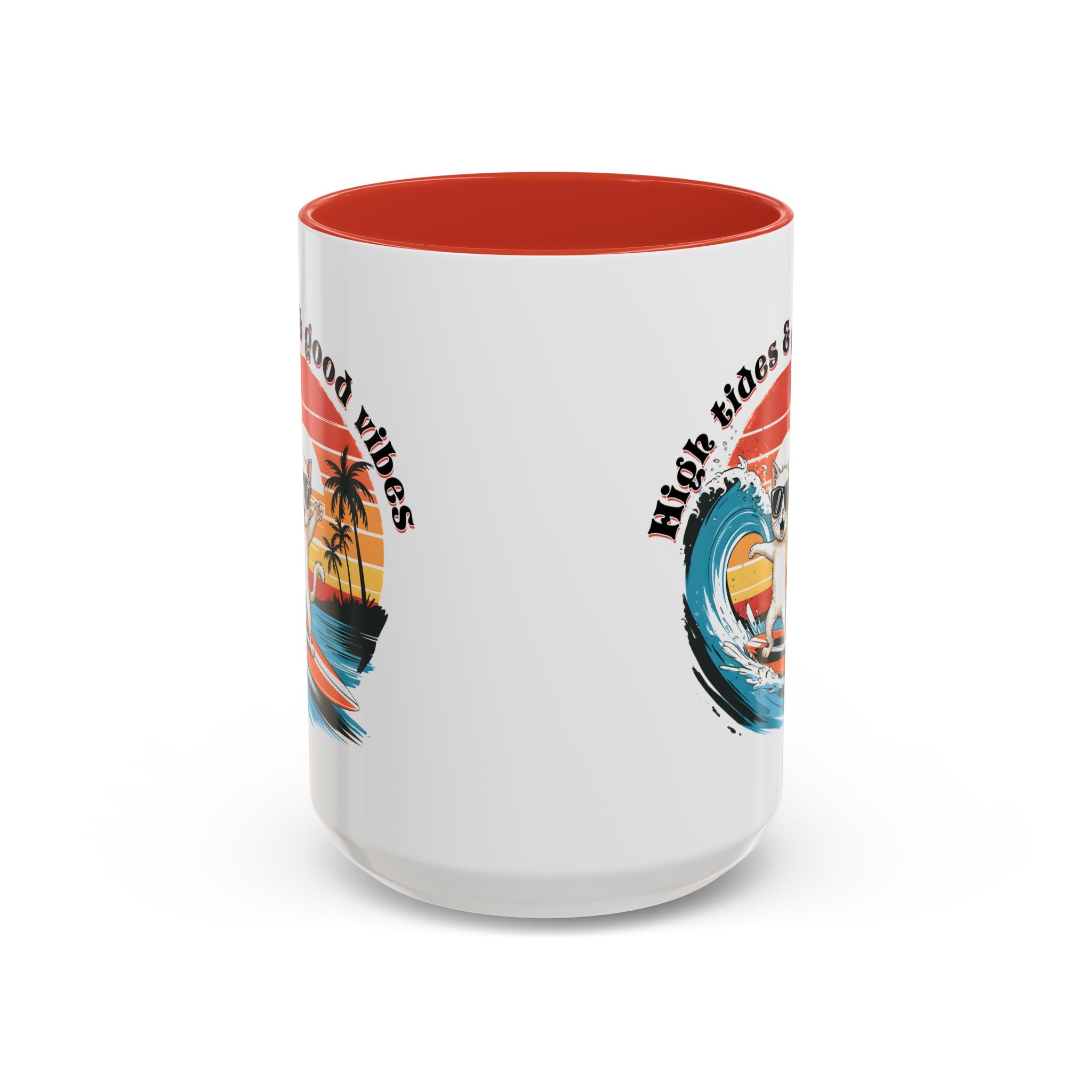 Surfing Cat Coffee Mug - High Tides & Good Vibes - Beach Lover Gift animal lover funny