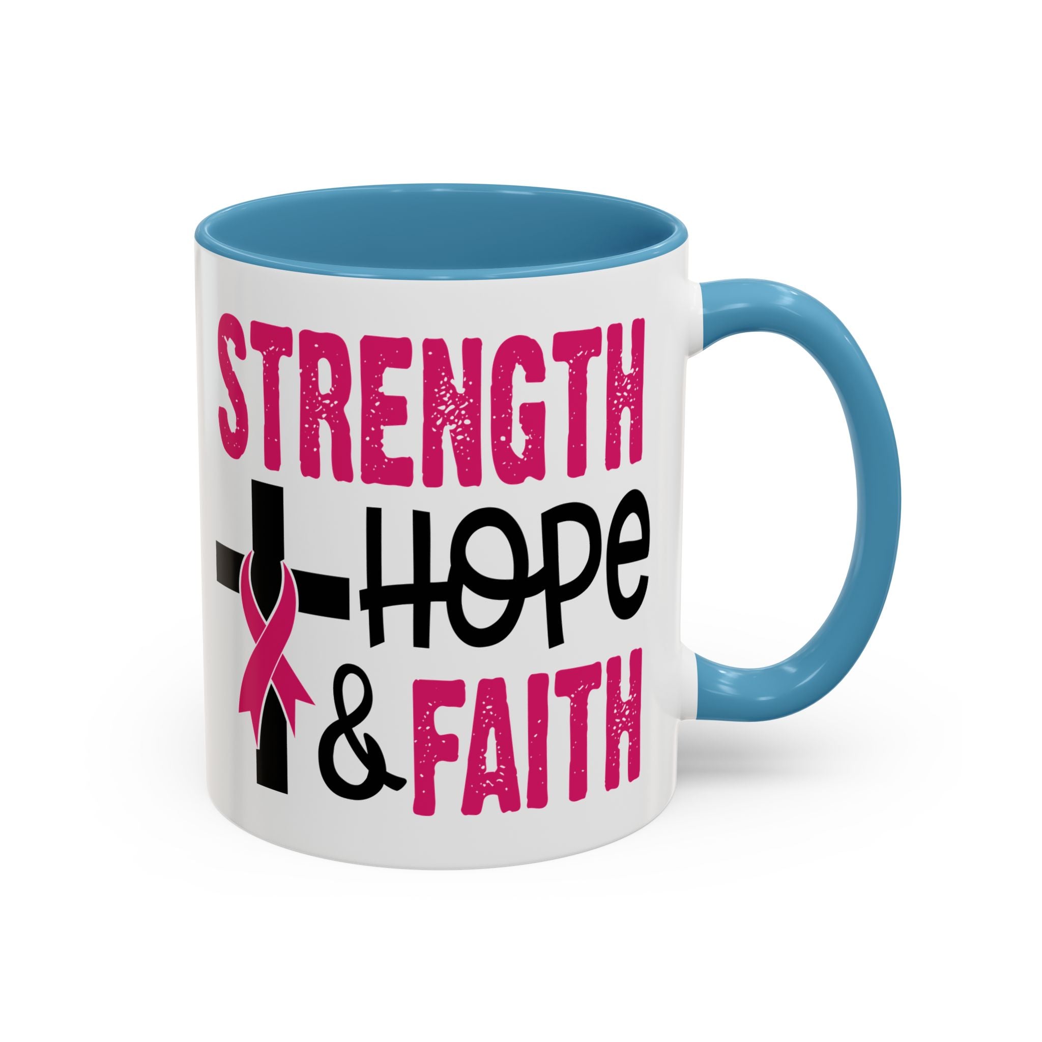 Inspirational Coffee Mug - Strength, Hope, Faith, Pink Ribbon, Christian Gifts, Motivational Drinkware, Breast Cancer Awareness