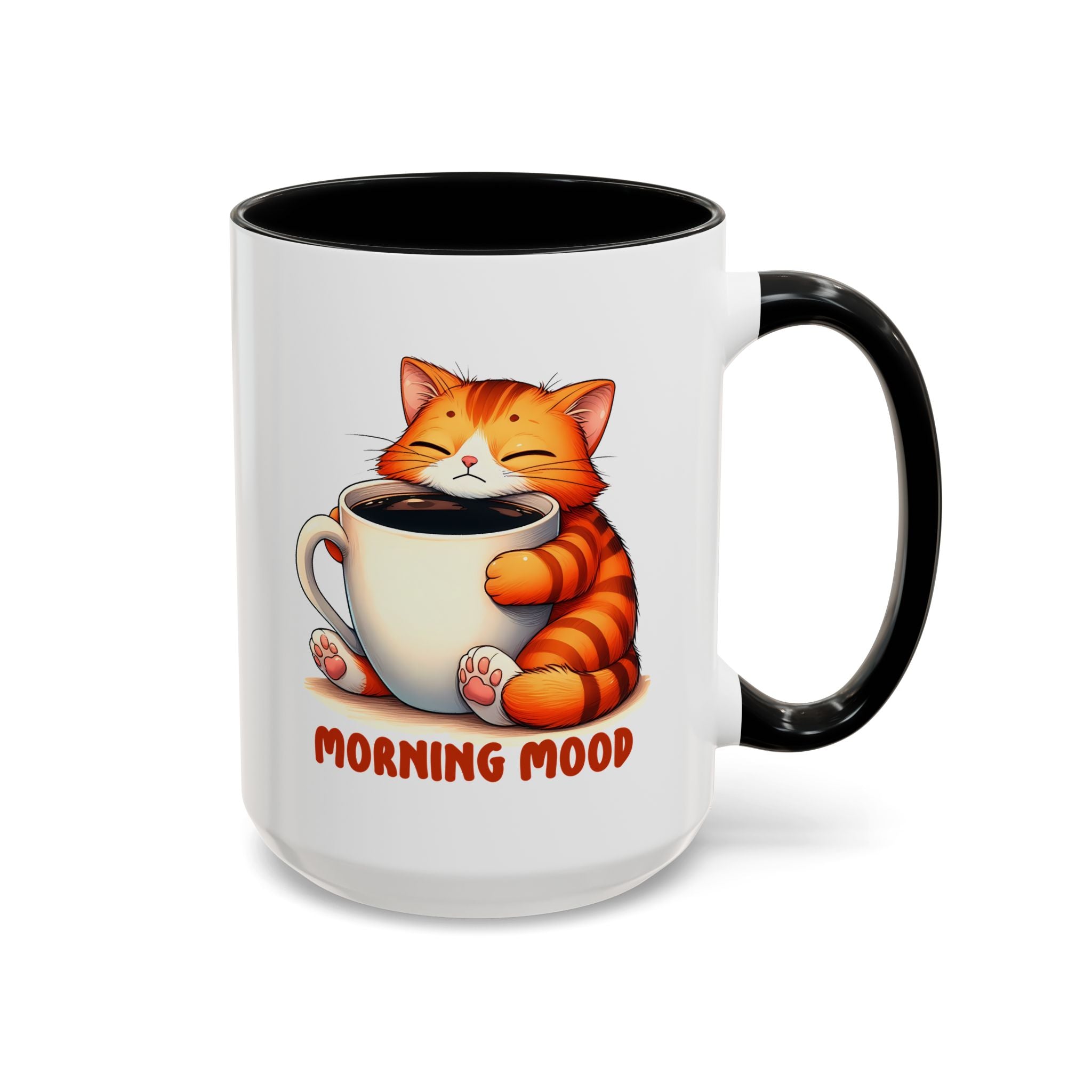 Morning Mood Cat Coffee Mug — Cute Orange Cat Holding Cup (11/15oz)