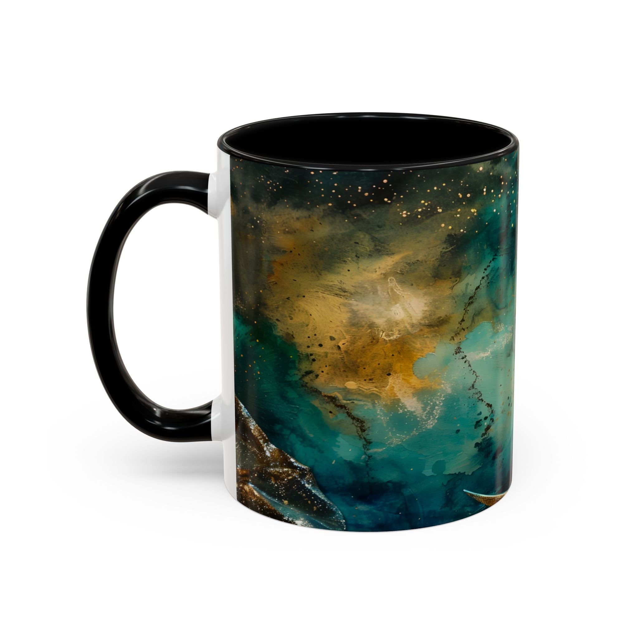 Fairy on the Moon Accent Coffee Mug – Mystical Teal Celestial Ceramic Mug (11/15oz) fantasy