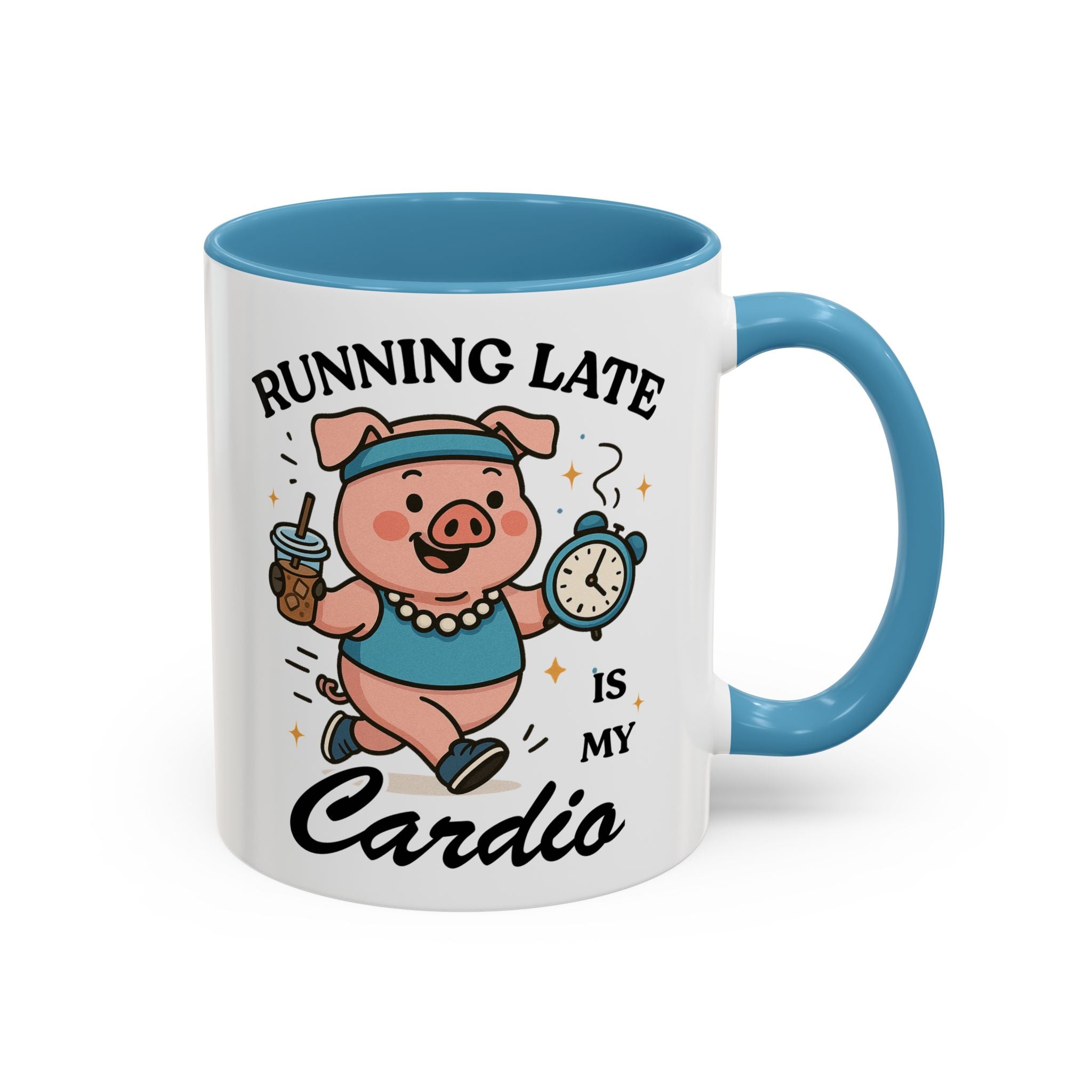 Running Late Is My Cardio Coffee Mug — Funny Pig Jogger Accent Mug (11/15oz)