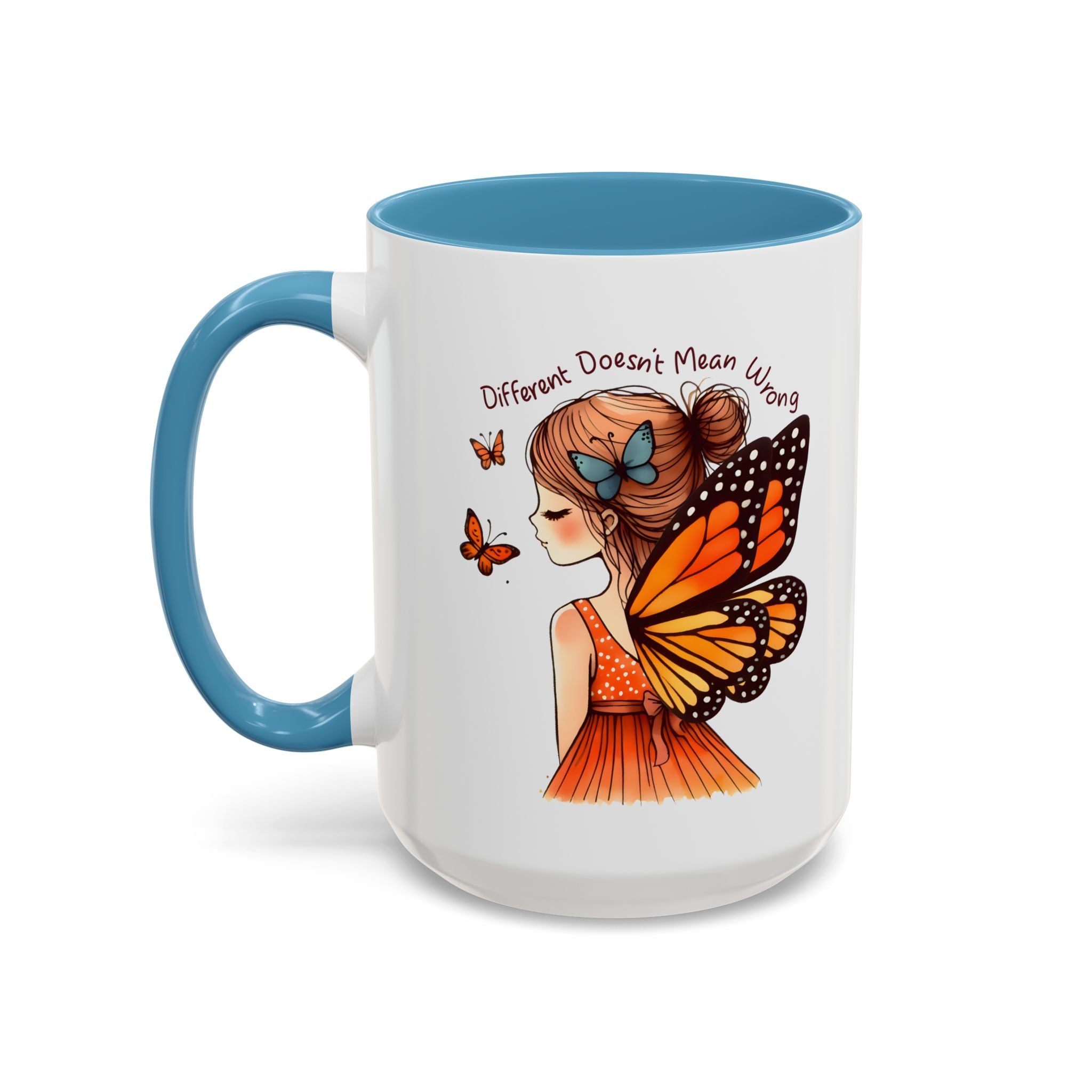 Butterfly Girl Accent Coffee Mug – "Different Doesn't Mean Wrong" Inspirational Tea Mug