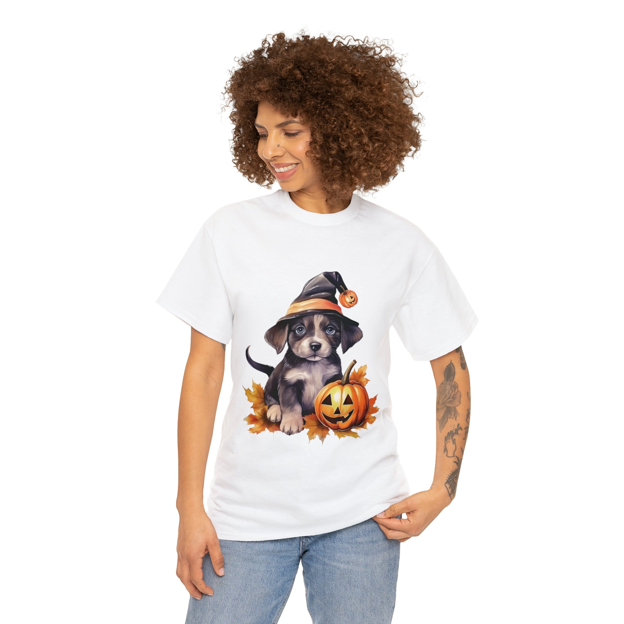 halloween t shirt puppy in witch hat cute gift for her stocking stuffer fall fun item for whole family Unisex Heavy Cotton Tee