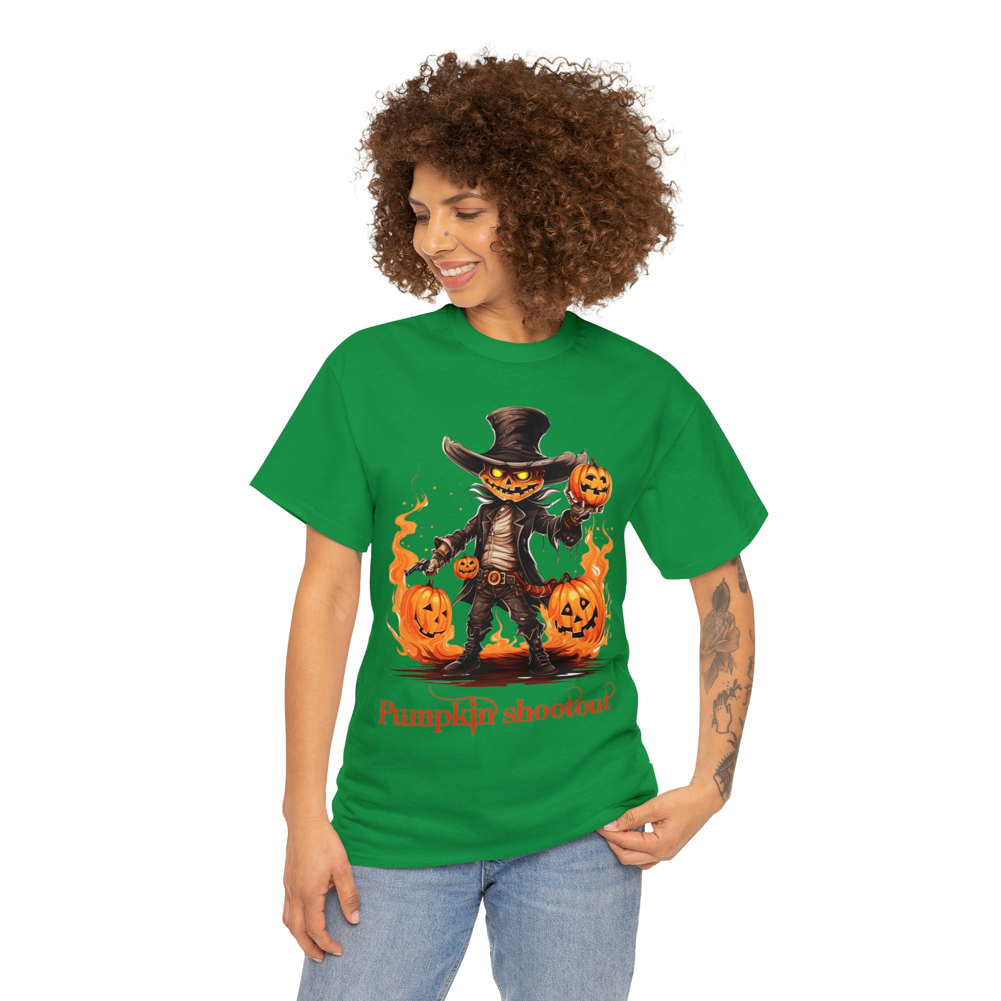 Halloween t shirt pumpkin western style shootout funny fall fun scary stocking stuffer for whole family  cotton tee