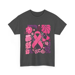 Pink Ribbon Awareness Tee, Flower Power Shirt, Support Breast Cancer, Unisex Cotton T-shirt, Thoughtful Gift for Her