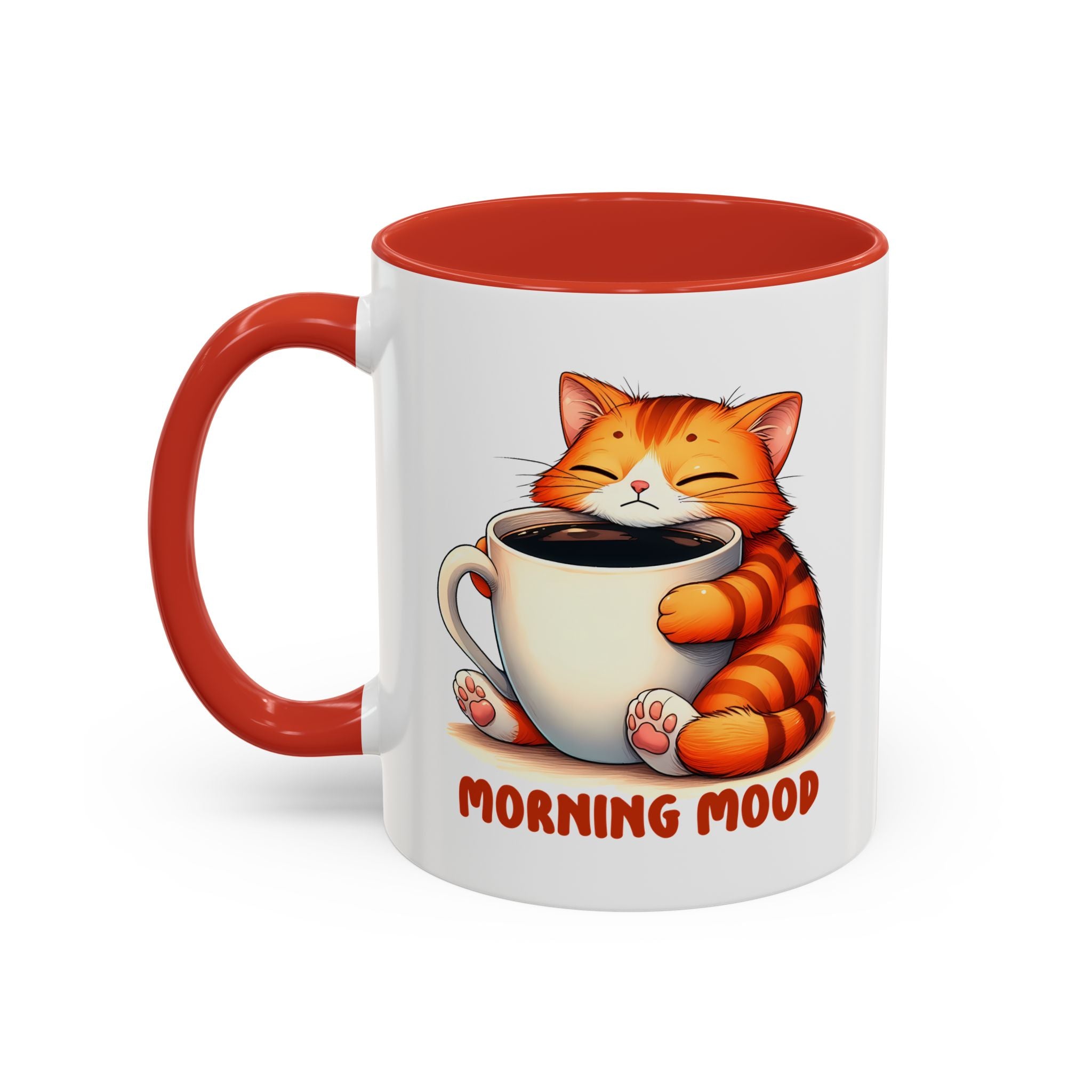 Morning Mood Cat Coffee Mug — Cute Orange Cat Holding Cup (11/15oz)