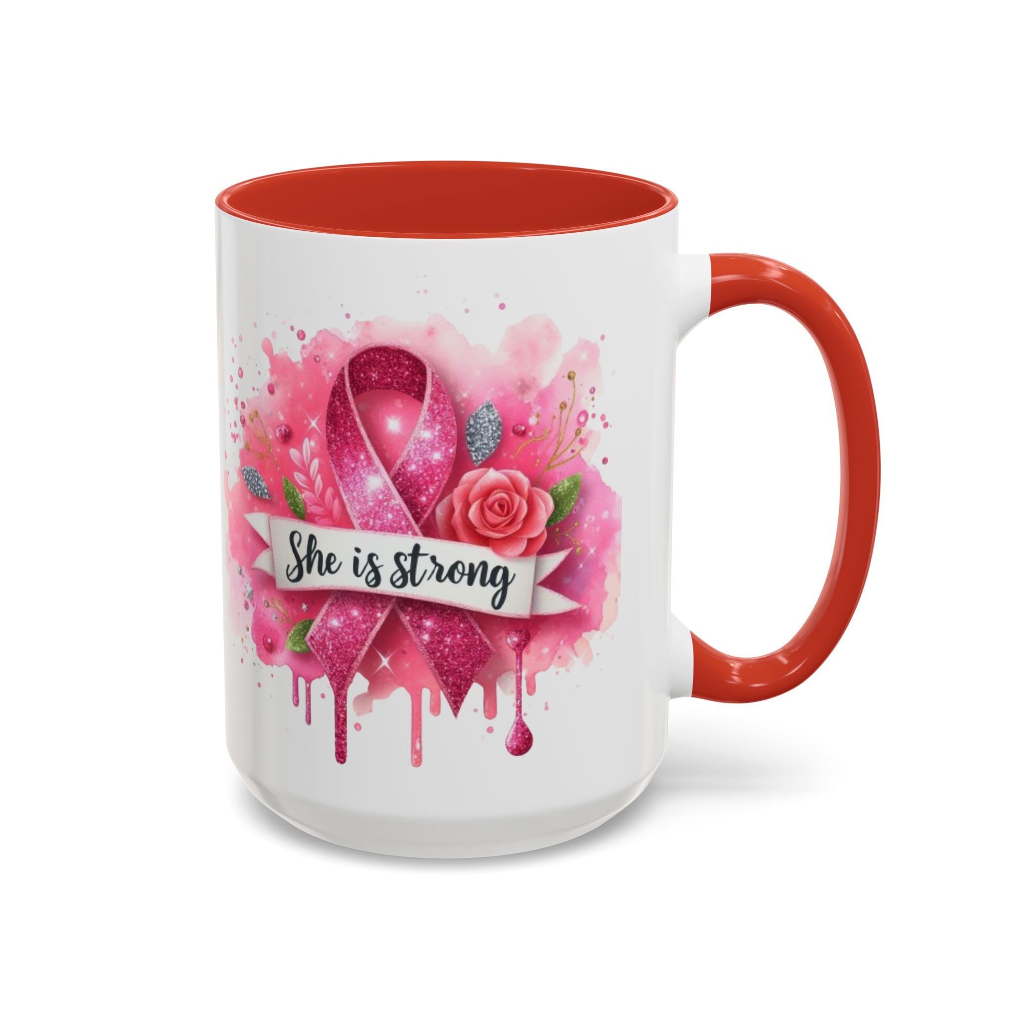 Empowering Pink Ribbon Coffee Mug - She Is Strong, Inspirational Gift for Breast Cancer Awareness, Motivational Drinkware, Supportive [...]