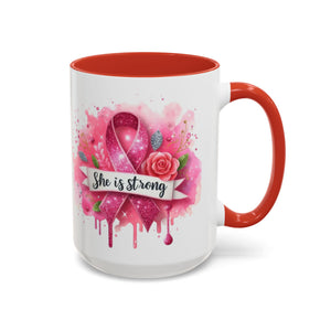 Empowering Pink Ribbon Coffee Mug - She Is Strong, Inspirational Gift for Breast Cancer Awareness, Motivational Drinkware, Supportive [...]
