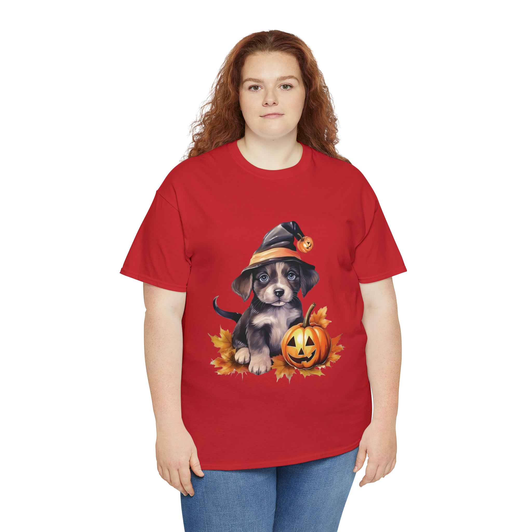 halloween t shirt puppy in witch hat cute gift for her stocking stuffer fall fun item for whole family Unisex Heavy Cotton Tee