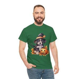 halloween t shirt puppy in witch hat cute gift for her stocking stuffer fall fun item for whole family Unisex Heavy Cotton Tee