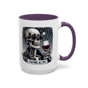 Stylish Skull Coffee Mug, Gothic Drinkware, Staying Alive Gift for Halloween, Funny Office Mug, Alternative Drinkware