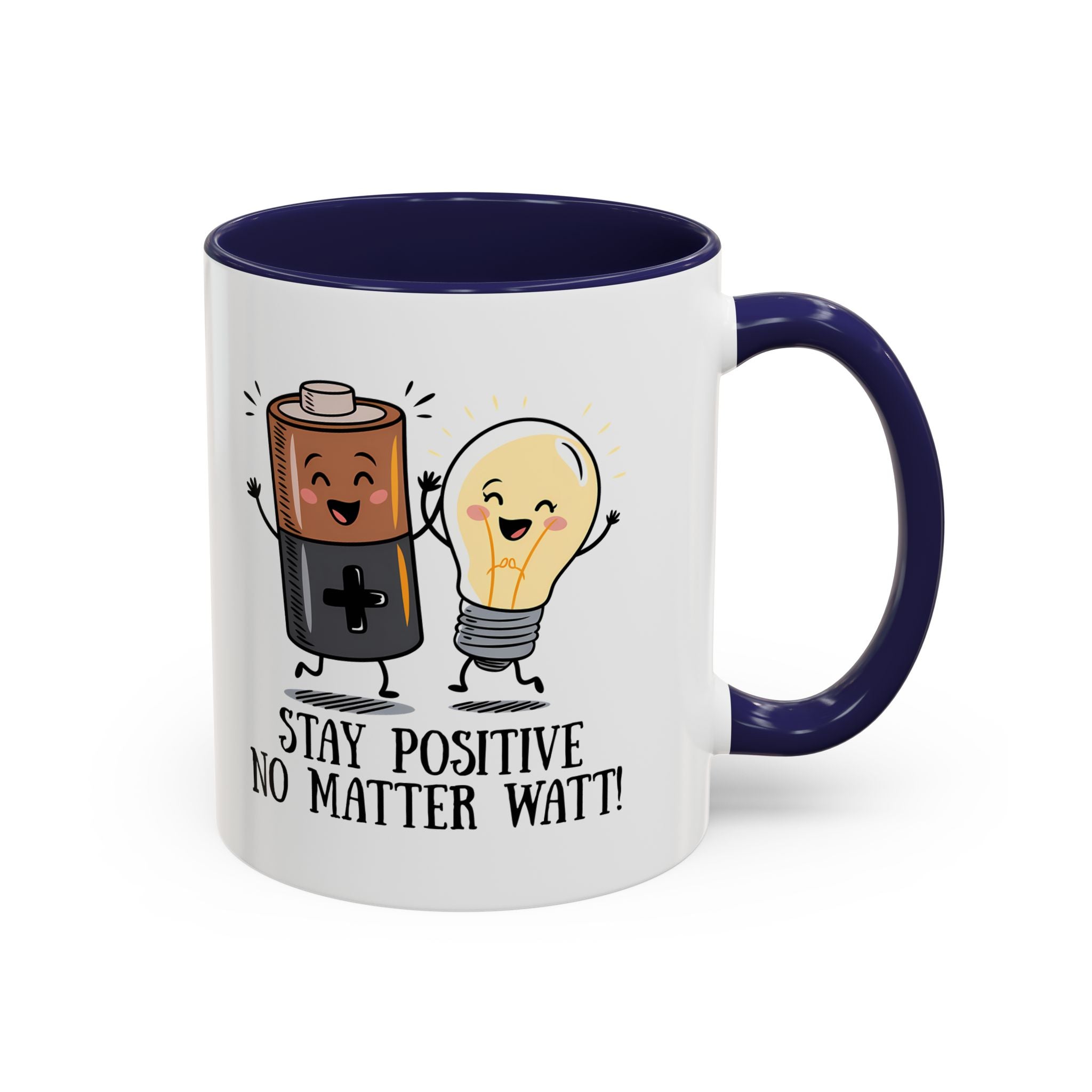 Stay Positive Accent Coffee Mug - 11oz & 15oz - Cute Light Bulb & Battery Design