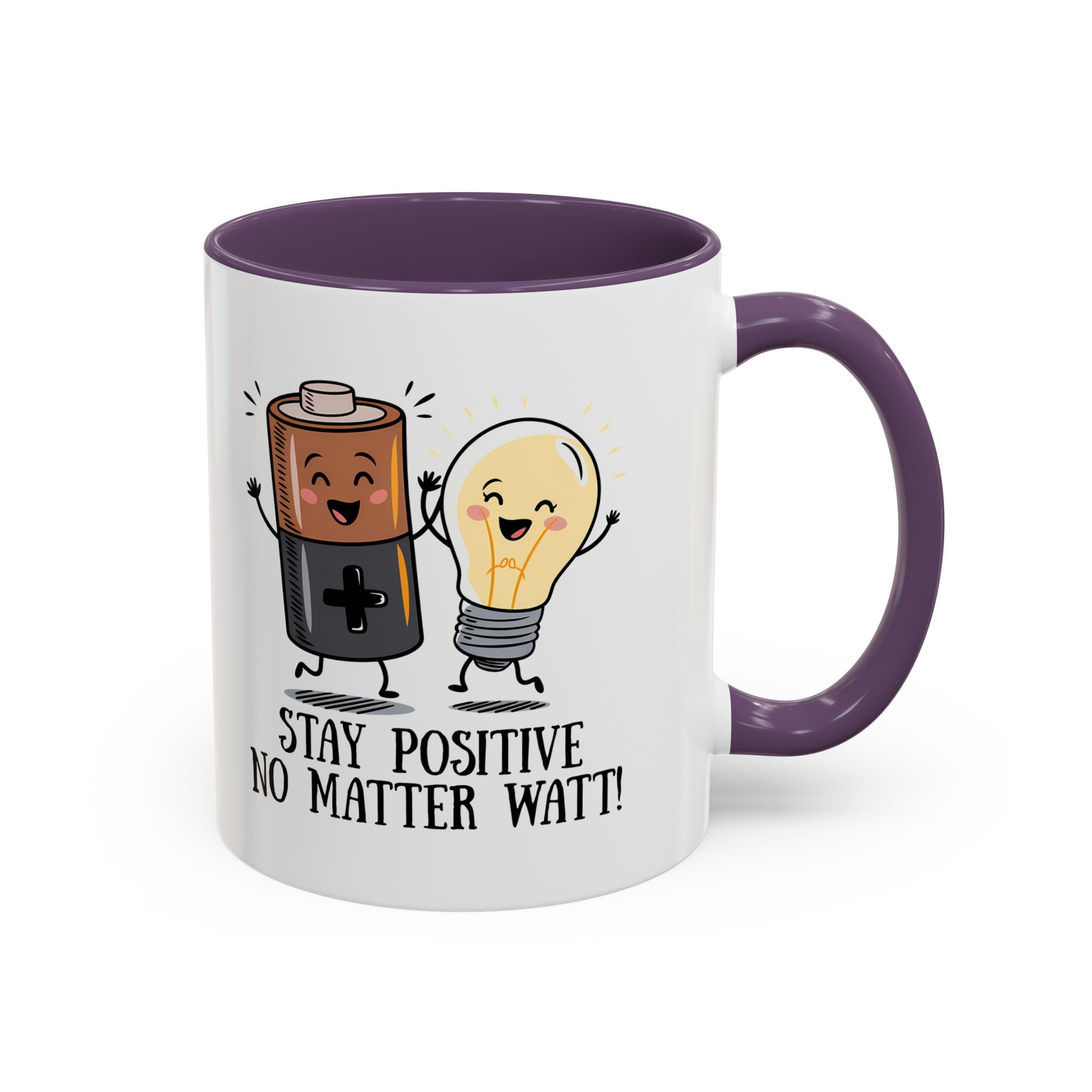 Stay Positive Accent Coffee Mug - 11oz & 15oz - Cute Light Bulb & Battery Design