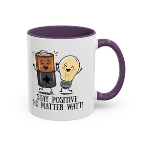 Stay Positive Accent Coffee Mug - 11oz & 15oz - Cute Light Bulb & Battery Design
