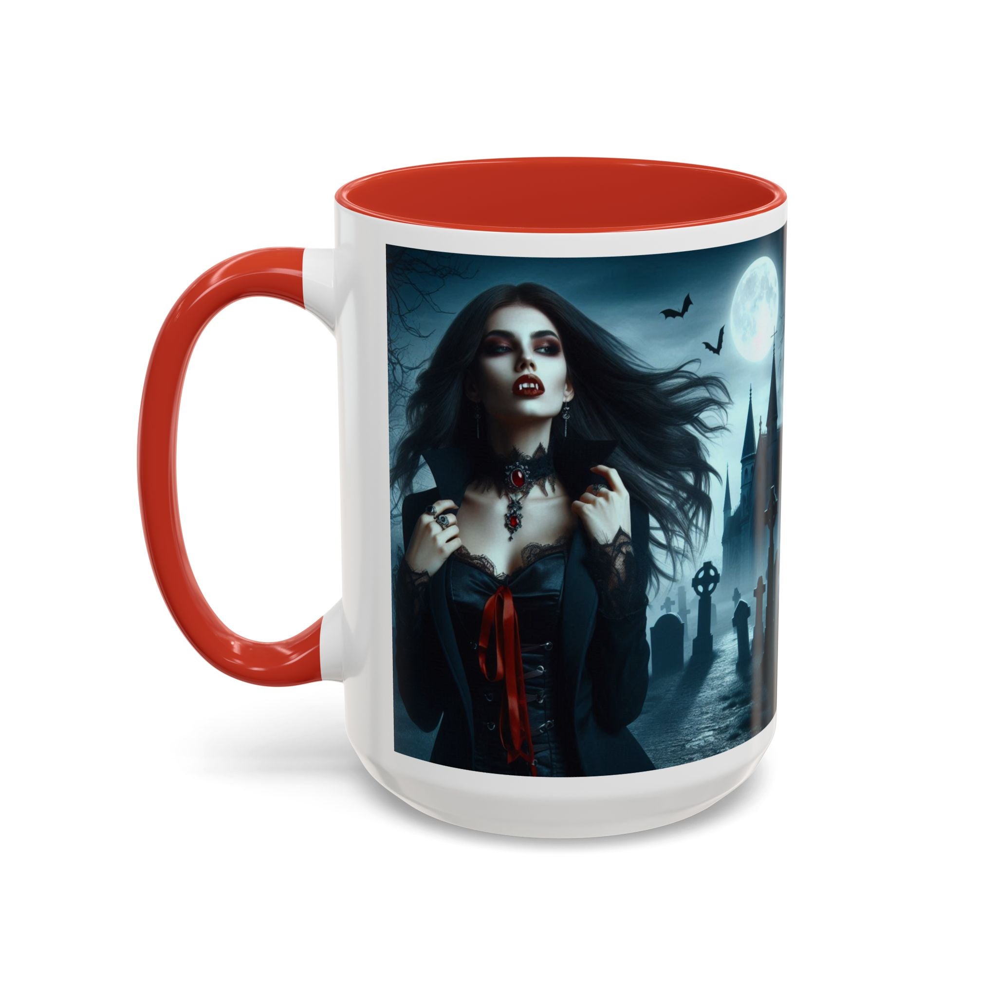 Gothic Vampire Coffee Mug - Spooky Halloween Drinkware in graveyard by castle
