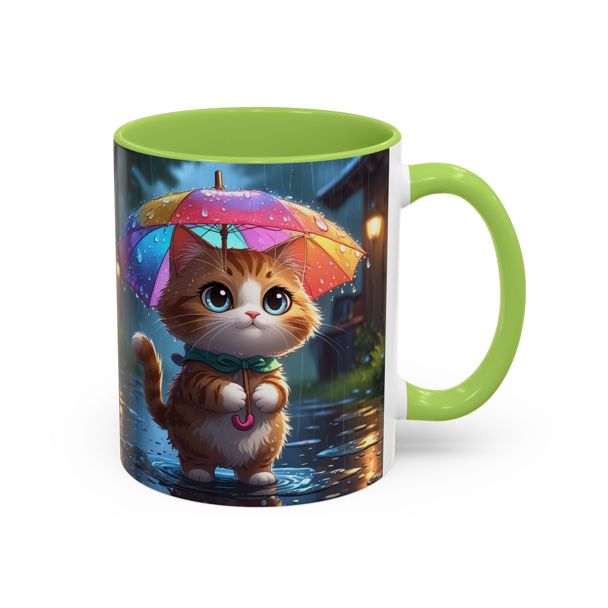 Cute Rainy Day Cat Mug — Kawaii Kitten with Rainbow Umbrella Coffee Cup (11/15oz)
