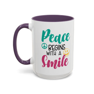 Inspirational Peace Coffee Mug - "Peace Begins with a Smile" - 11oz & 15oz