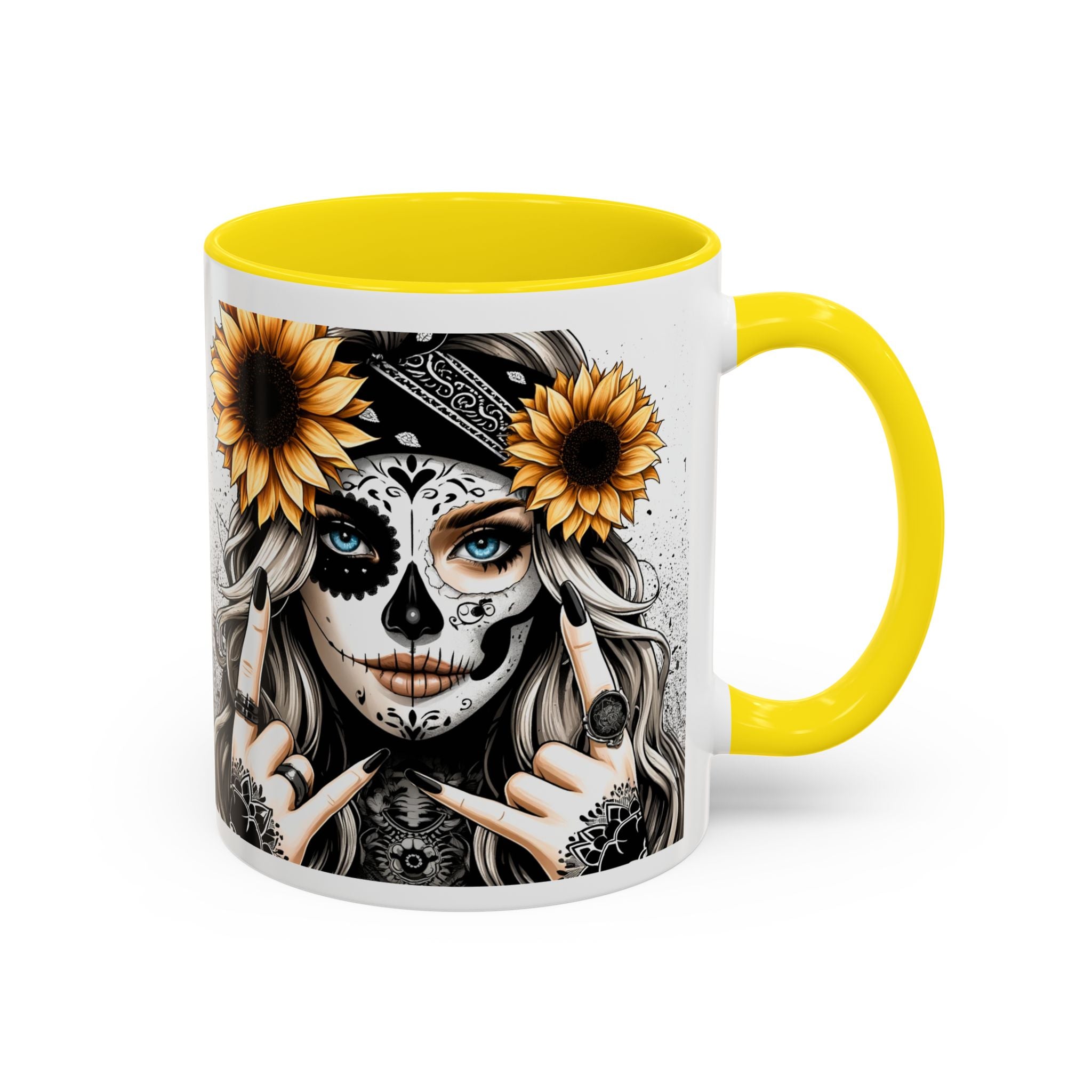 Sunflower Skull Accent Coffee Mug, Gothic Floral Mug, Unique Gift for Coffee Lovers, Boho Decor, Halloween Mug, Artful Drinkware