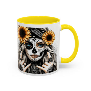 Sunflower Skull Accent Coffee Mug, Gothic Floral Mug, Unique Gift for Coffee Lovers, Boho Decor, Halloween Mug, Artful Drinkware