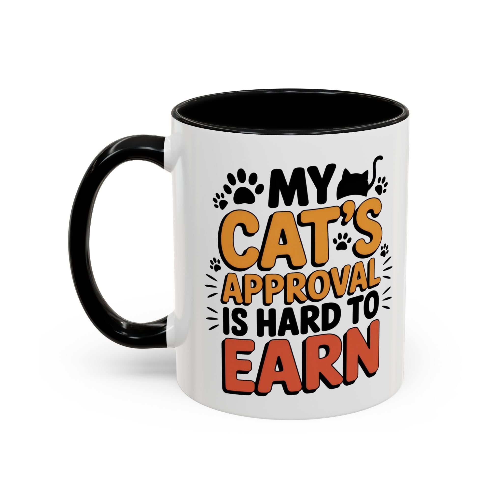 Cat Lover Coffee Mug — "My Cat's Approval Is Hard to Earn" Accent Ceramic Mug