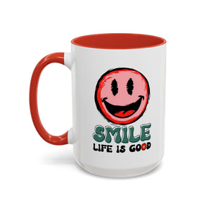 Smiley Face Accent Coffee Mug - "Smile, Life is Good" - 11oz & 15oz