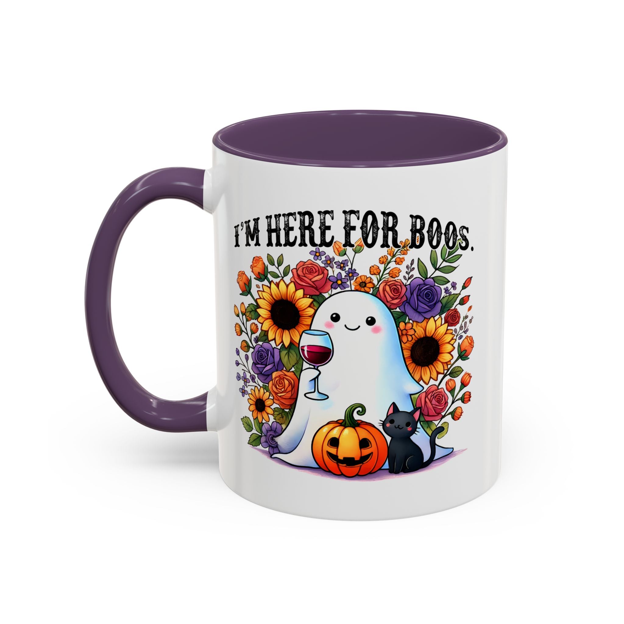 Spooky Floral Coffee Mug - I'm Here for Boos, Halloween Gift, Autumn Decor, Cute Ghost Mug, Cat Lover Drinkware