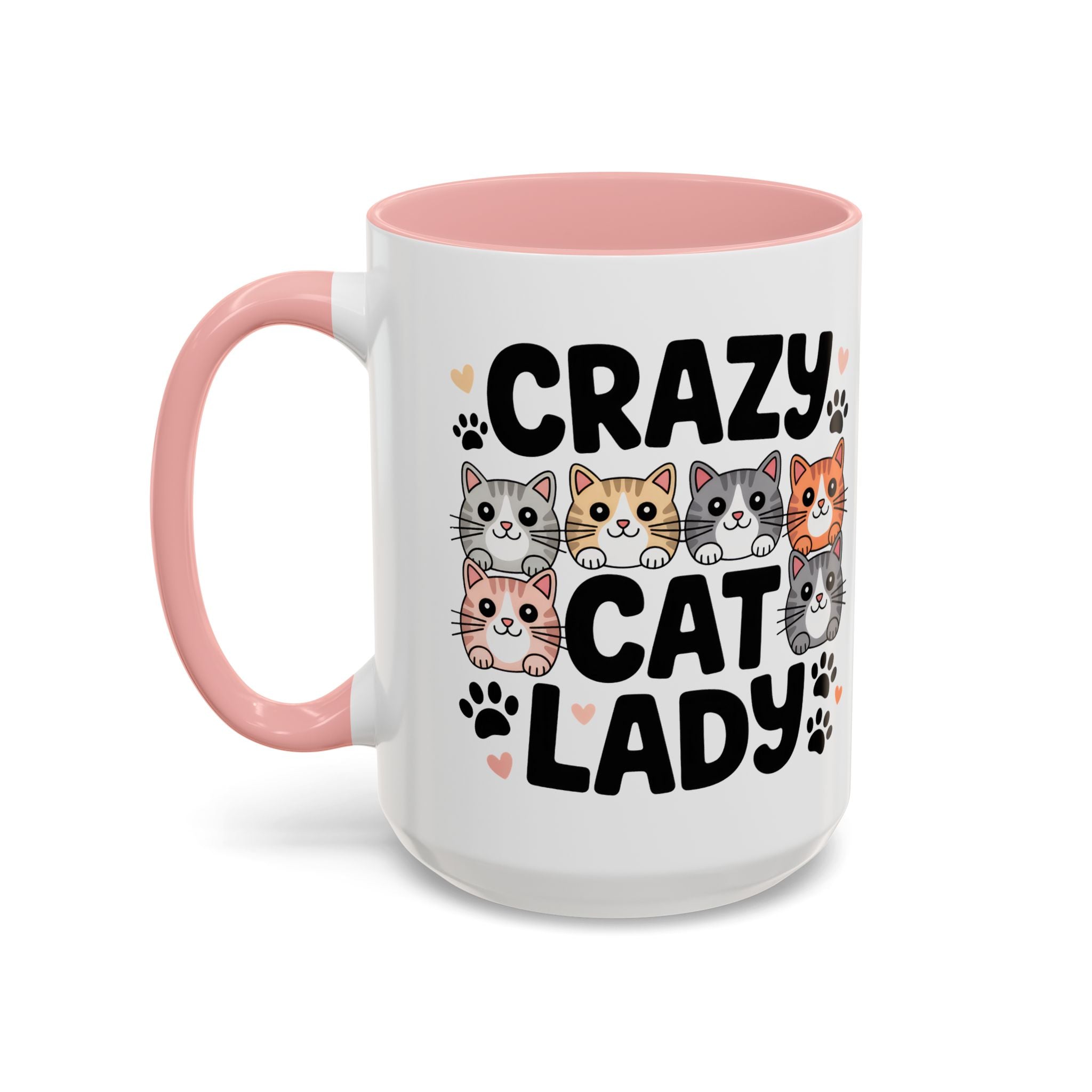 Crazy Cat Lady Accent Coffee Mug — Cute Cat Faces Paw Print 11/15oz
